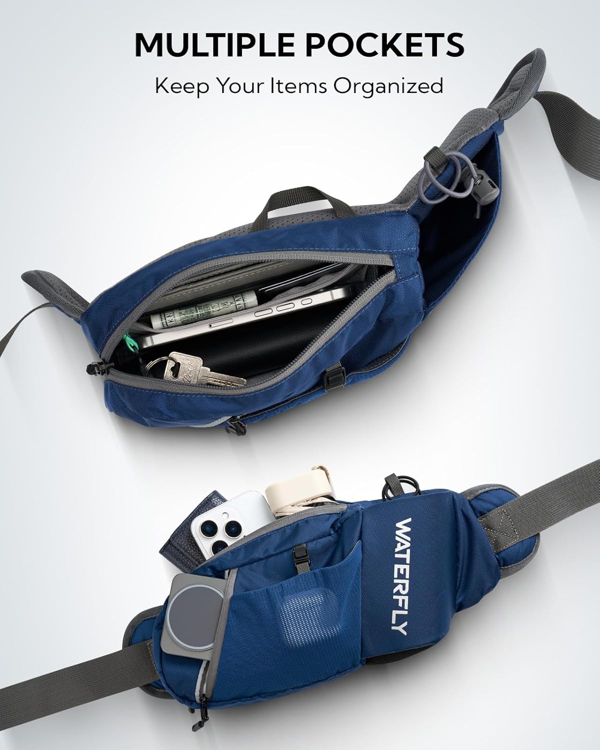 WATERFLY Fanny Pack Waist Bag: Hiking Water Bottle Holder with Strap Waist Pack for Women Men Hydration Hip Packs for Running Walking Traveling-Blue