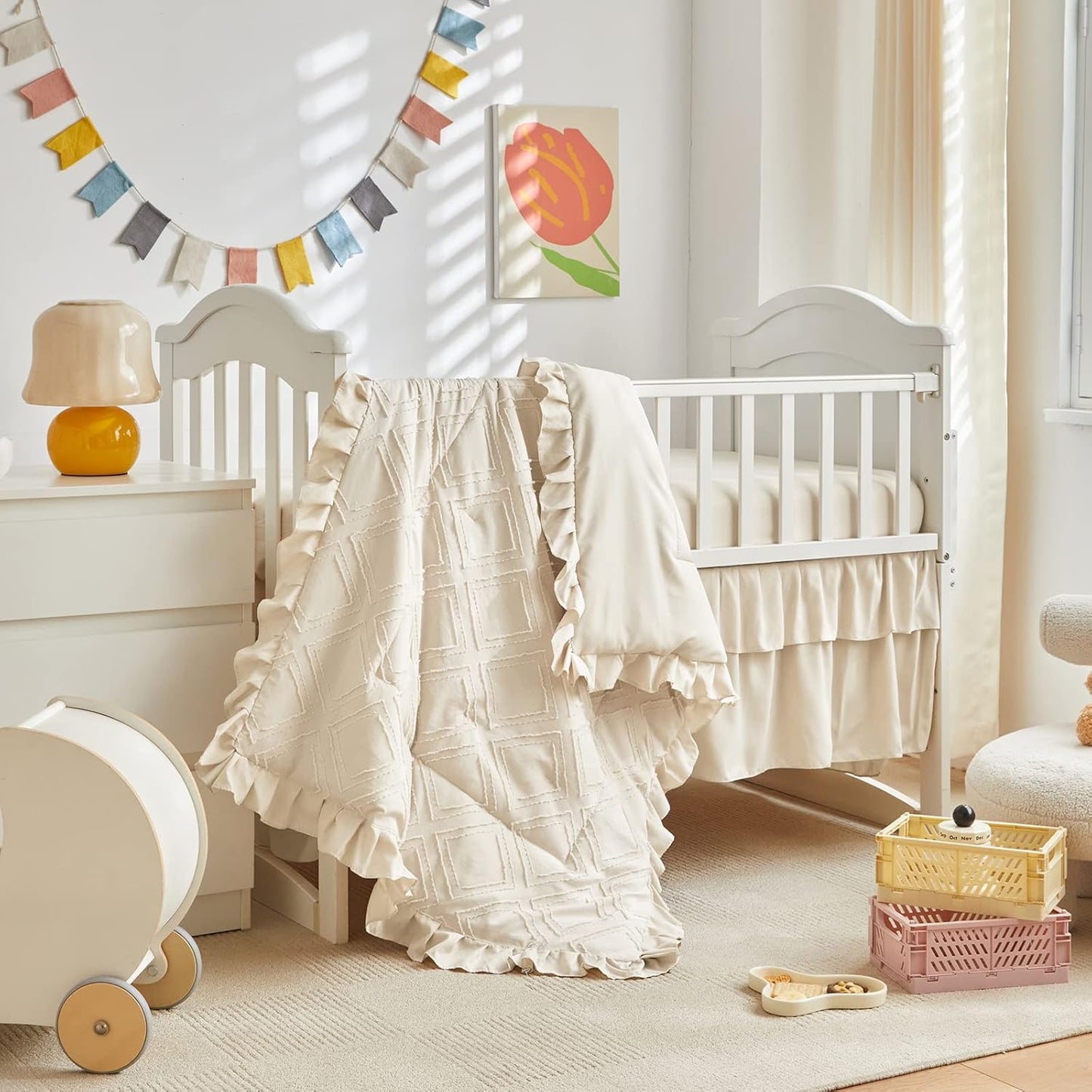 Tufted Ruffle Crib Bedding Set 3 Pieces Baby Boho Quilted Comforter with Fitted Sheet and Bed Skirt - Cute Ruffled Shabby Chic Baby Bedding Soft Blanket Design Cream White