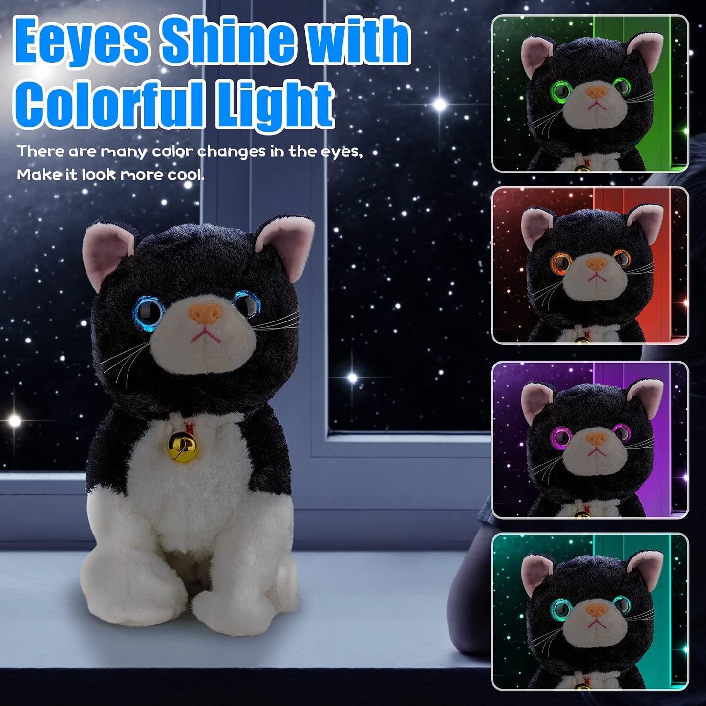 Smalody Interactive Electronic Plush Toy - Upgrade with LED Light Eyes Animated Sound Control Electronic Pet, Robot Cat Kitten Toys Gifts for Boys & Girls Kids Birthday Christmas (Black)