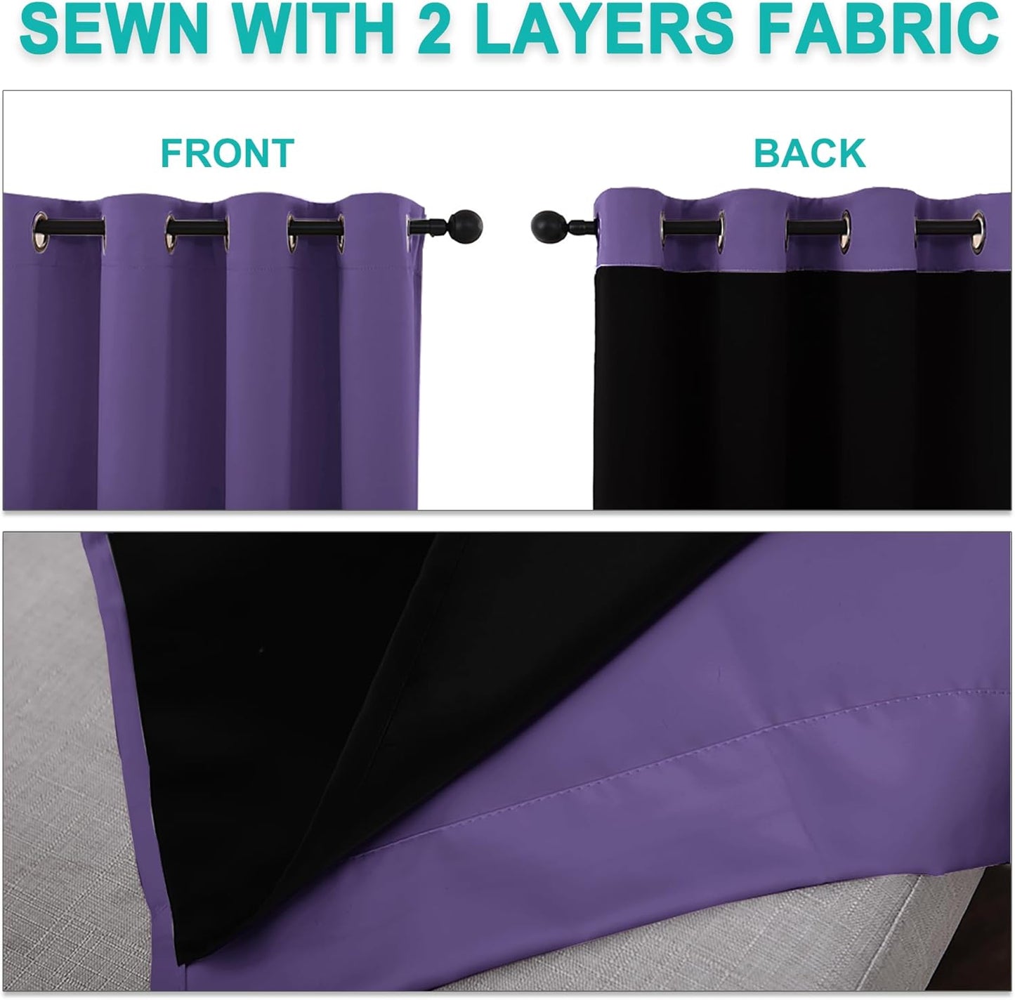 NICETOWN 100% Blackout Curtains with Black Liners, Solid Thermal Insulated Full Blackout 2-Layer Lined Drapes, Energy Efficiency Window Draperies for Bedroom (2 Panels, 46" W by 54" L, Lilac Purple)