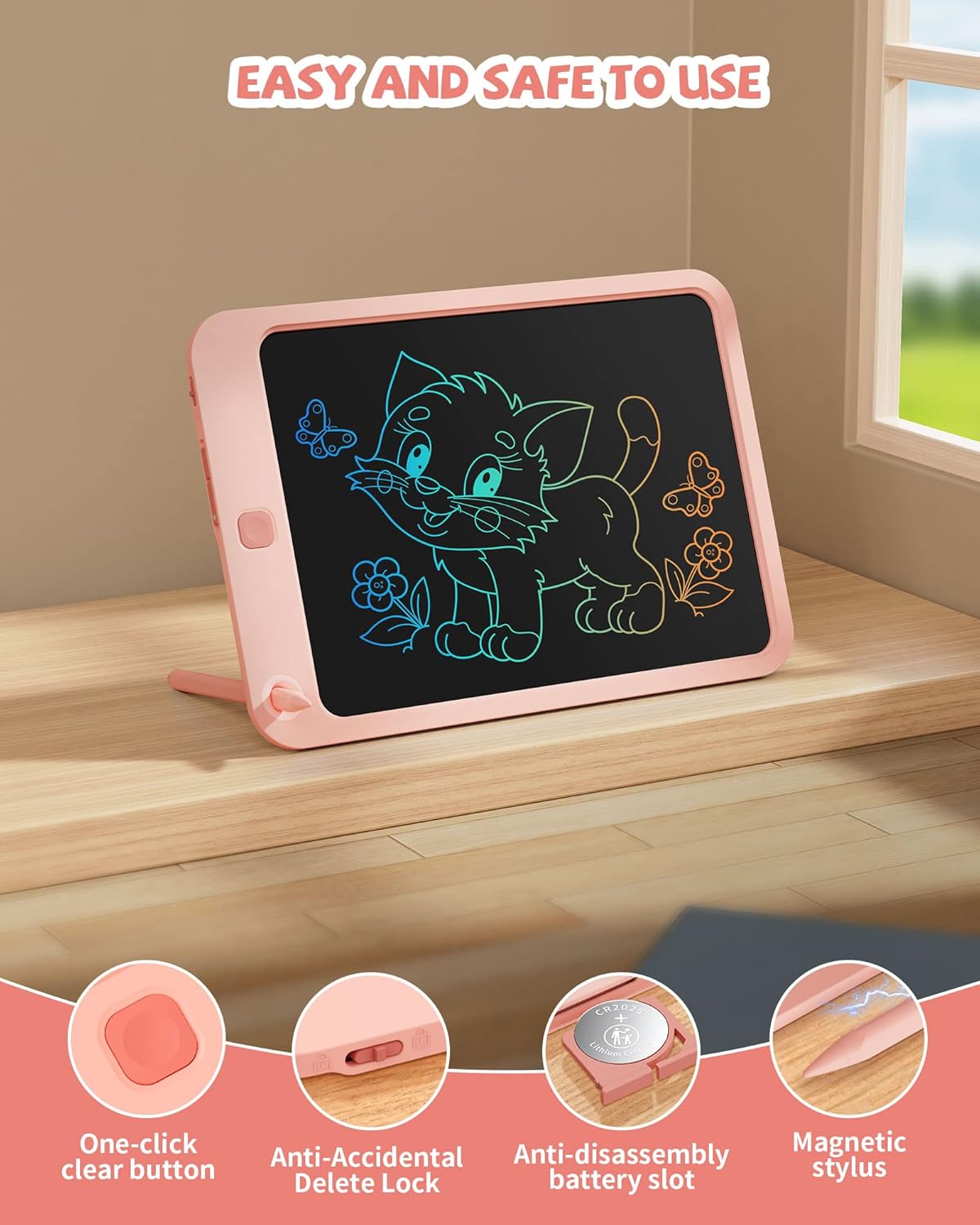 LCD Writing Tablet 10 Inch, Toys for 3 4 5 6 7 8 9 10 Year Old Boys Girls, Colorful Doodle Board Drawing Tablet, Gift for Boys Toddlers Age 3-12 Years, Memo Board, Drawing Pads with Lanyard (Pink)