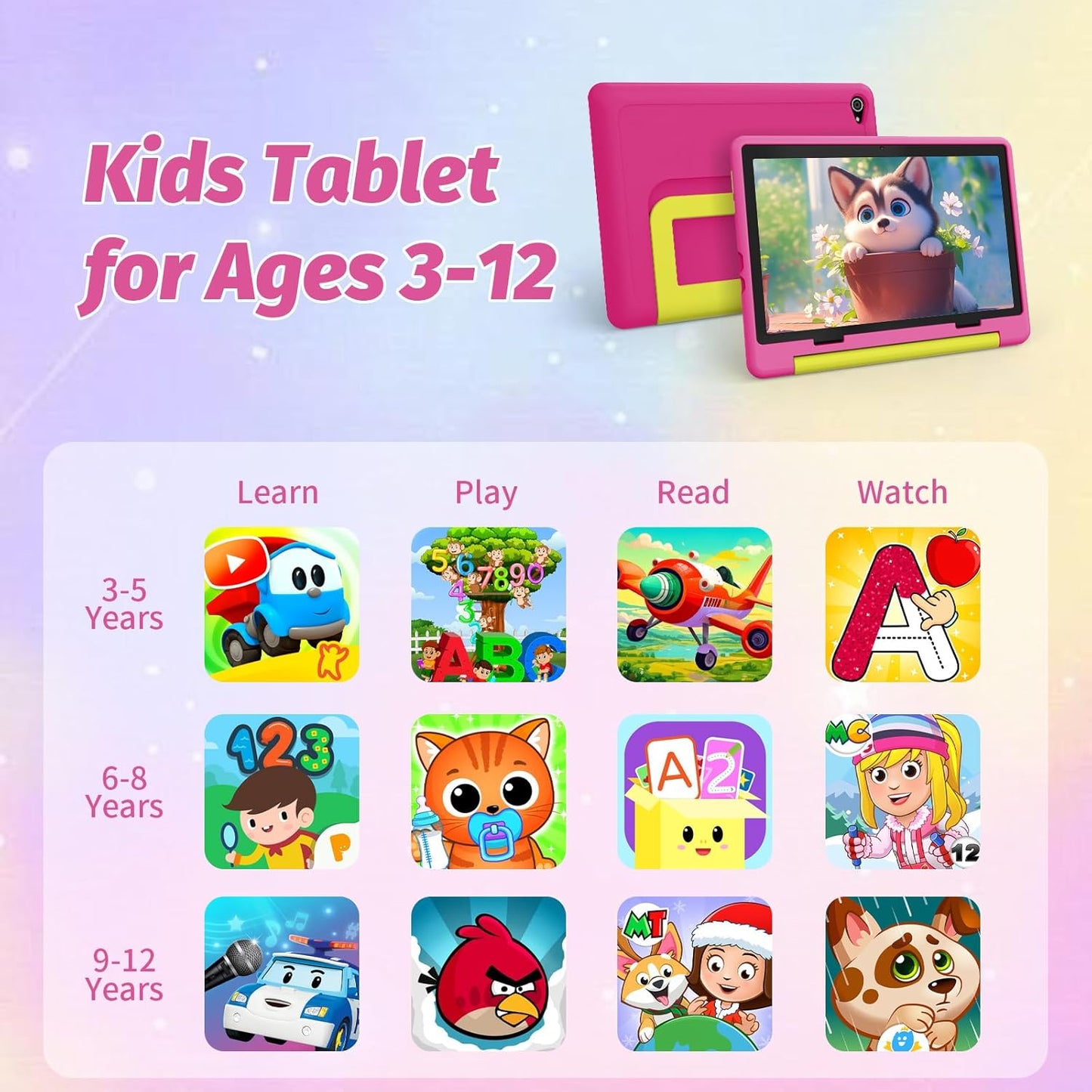 Kids Tablet 10 Inch Android 14 Tablet for Kids Ages 3-12, Octa-Core with Case, Parental Controls,14GB+64GB Storage (TF Expand 1TB), 5G WiFi, BT5.3, Pink