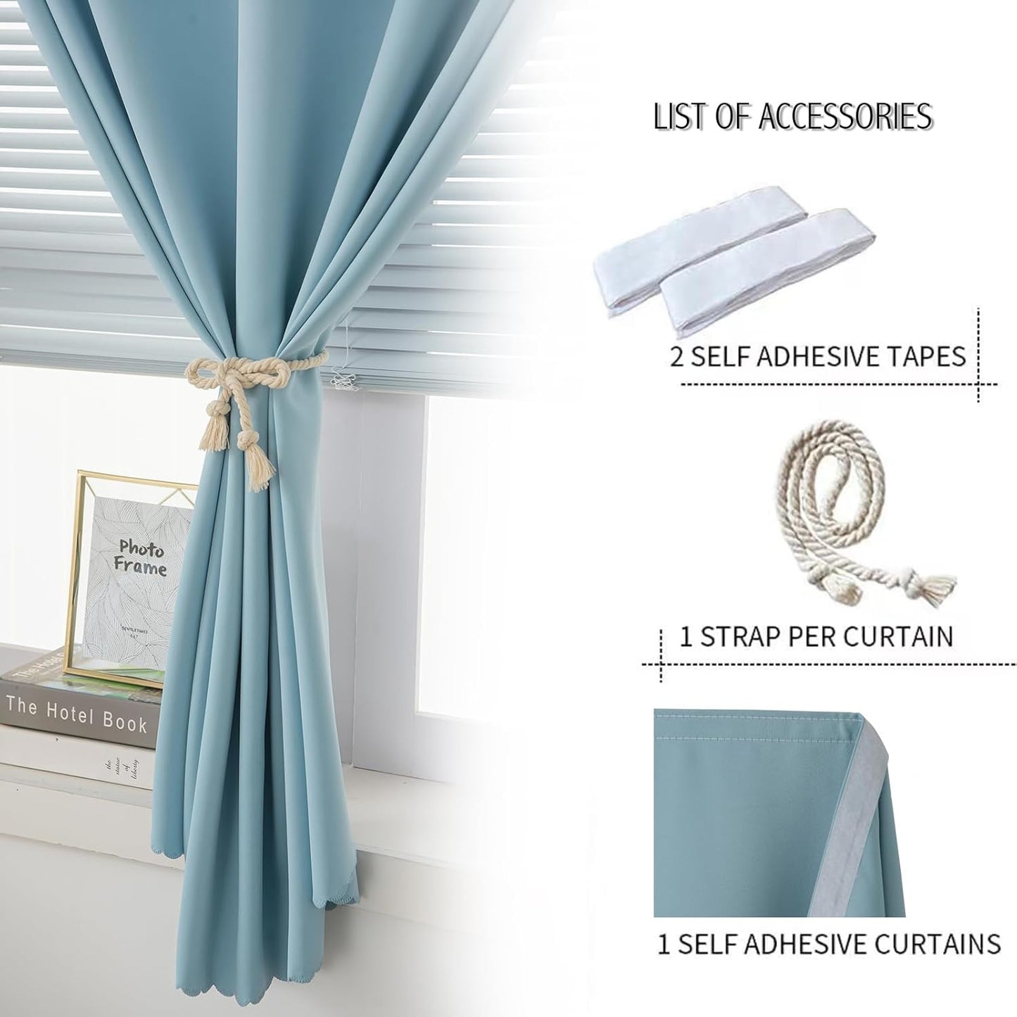 Self Adhesive Curtains, Black Out Shade for Window, Blackout Fabric Temporary Window Coverings Easy to Hang Curtains No Rod Needed, Use for Bedroom, Room, Kitchen, 59" W X 71" L, Lake Blue, 1 Panel