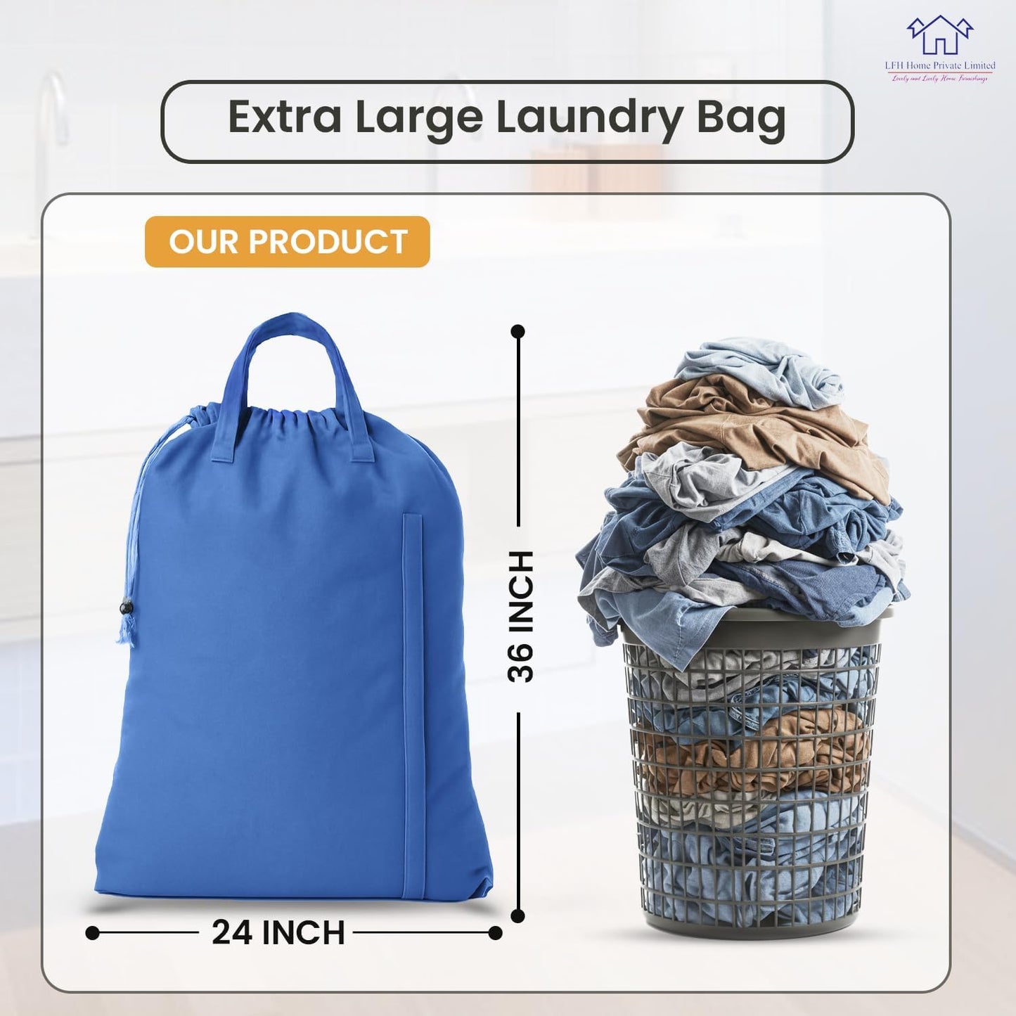 LFH Home Cotton Canvas Large Laundry Bag with Handle, Heavy Duty Drawstring Closure Washable Laundry Bags, School Travel, Home, Hotel, College Dorm, Organizer Sack, Toys Clothes 24x36-Sky Blue