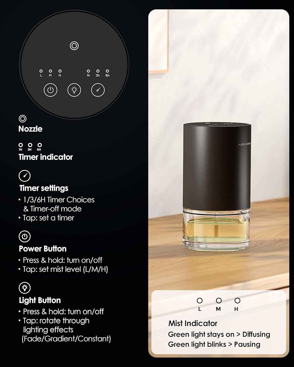 Essential Oil Diffuser Waterless Aromatherapy Diffusers for Home Large Room, Bedroom, Car, Office, Desk, Battery Operated, Small Diffuser for Pure Scent, 100mL Capacity, AN9 (Black)