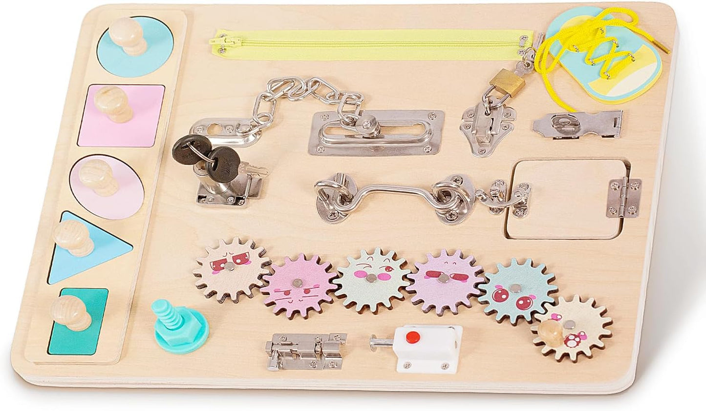 Toddler Wooden Busy Board, Montessori Activity Pad for Kids, Sensory Fidget Board for Children, Preschool Educational Activities Pad Toy.