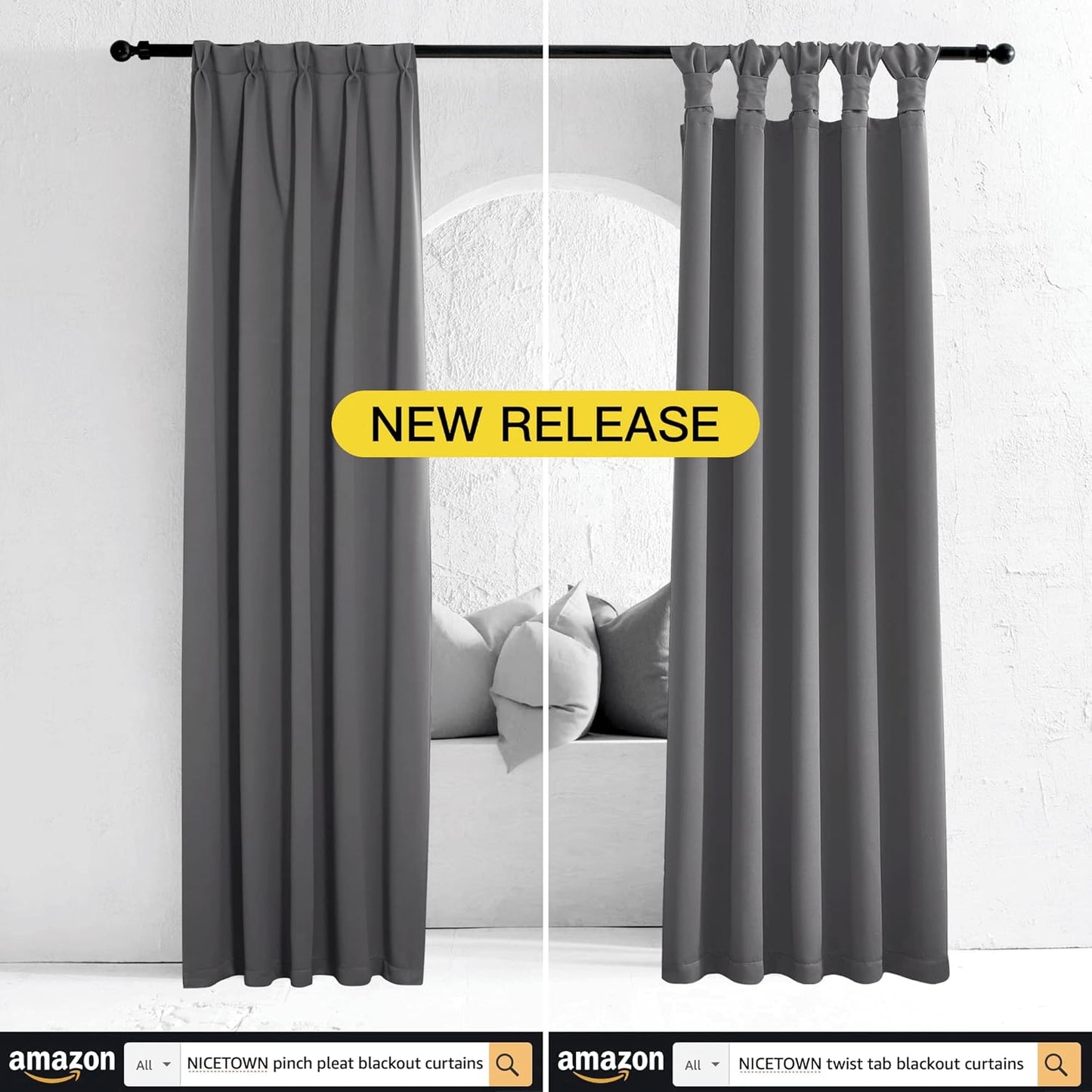 NICETOWN 100% Blackout Blinds, Laundry Room Decor Window Treatment Curtains for Large Patio Sliding Door, Thermal Insulated Grey Curtains for Bedroom, Set of 2, 70 inches x 108 inches