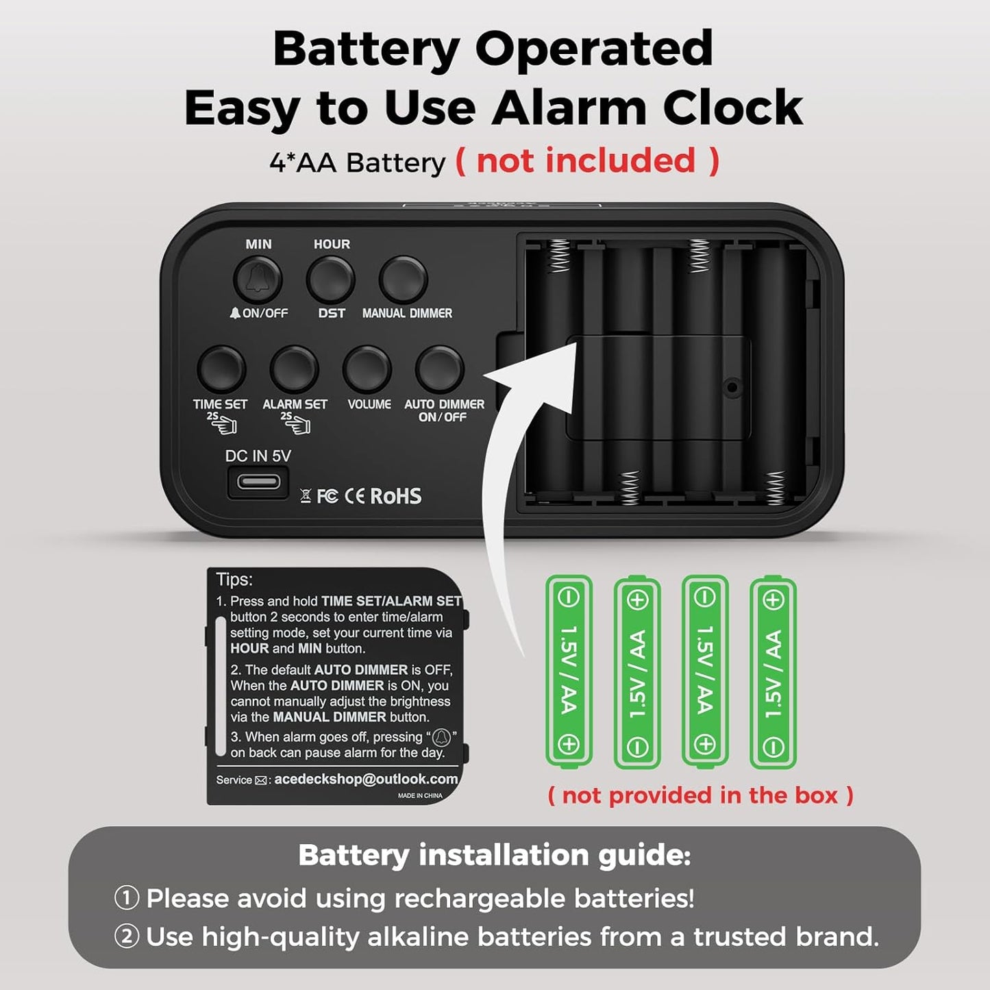 Battery Operated Digital Clock: Cordless Small Alarm Clock for Bedroom Travel - Large Numbers 4 Dimmers for All Ages Green Digits