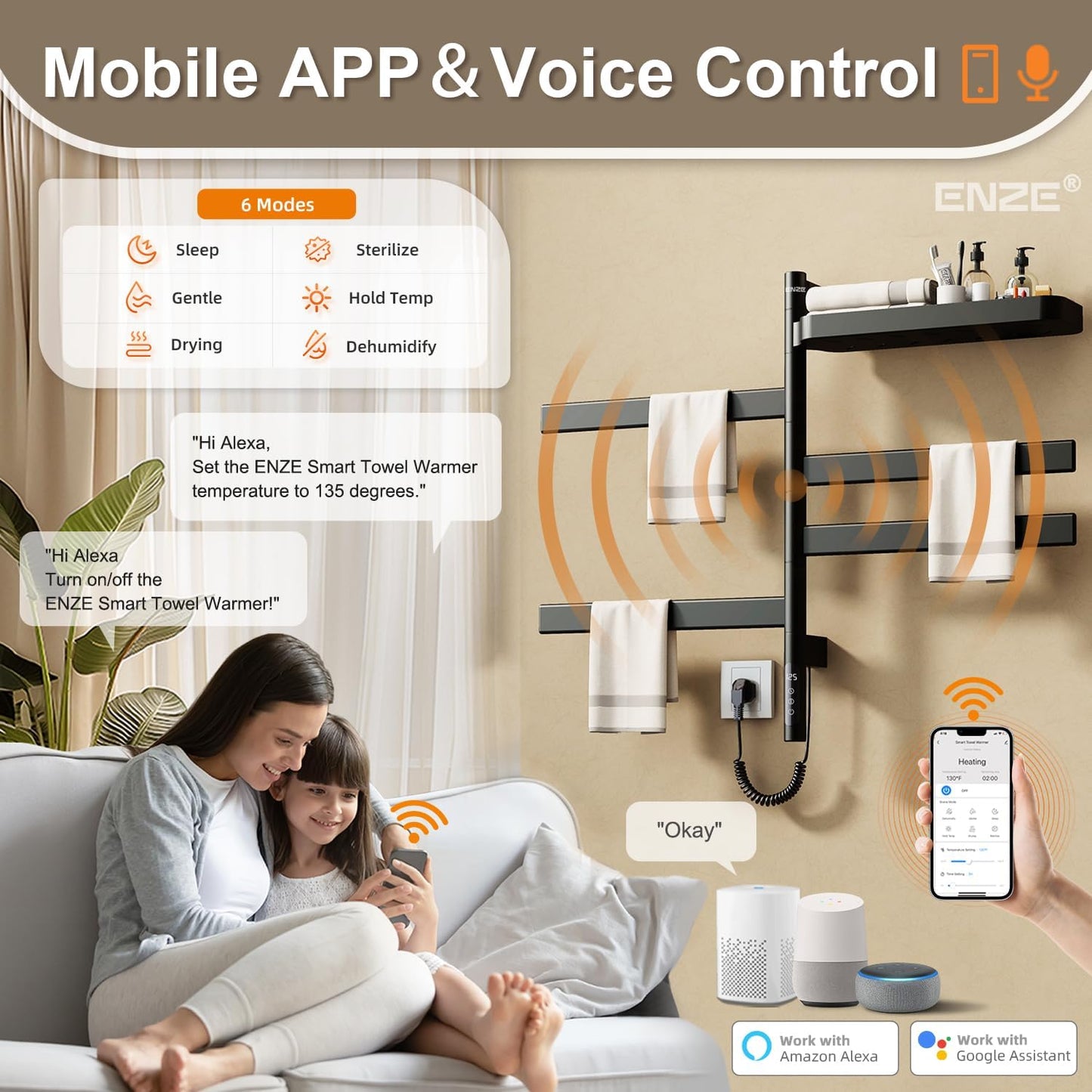 ENZE Smart Rotating Heated Towel Rack for Bathroom, Wall-Mounted Electric Towel Dryer with Swivel Bars & Shelf, Smart Timer, Low Carbon Steel, Plug-in/Hardwired, Towel Warmer with Wi-Fi App Control