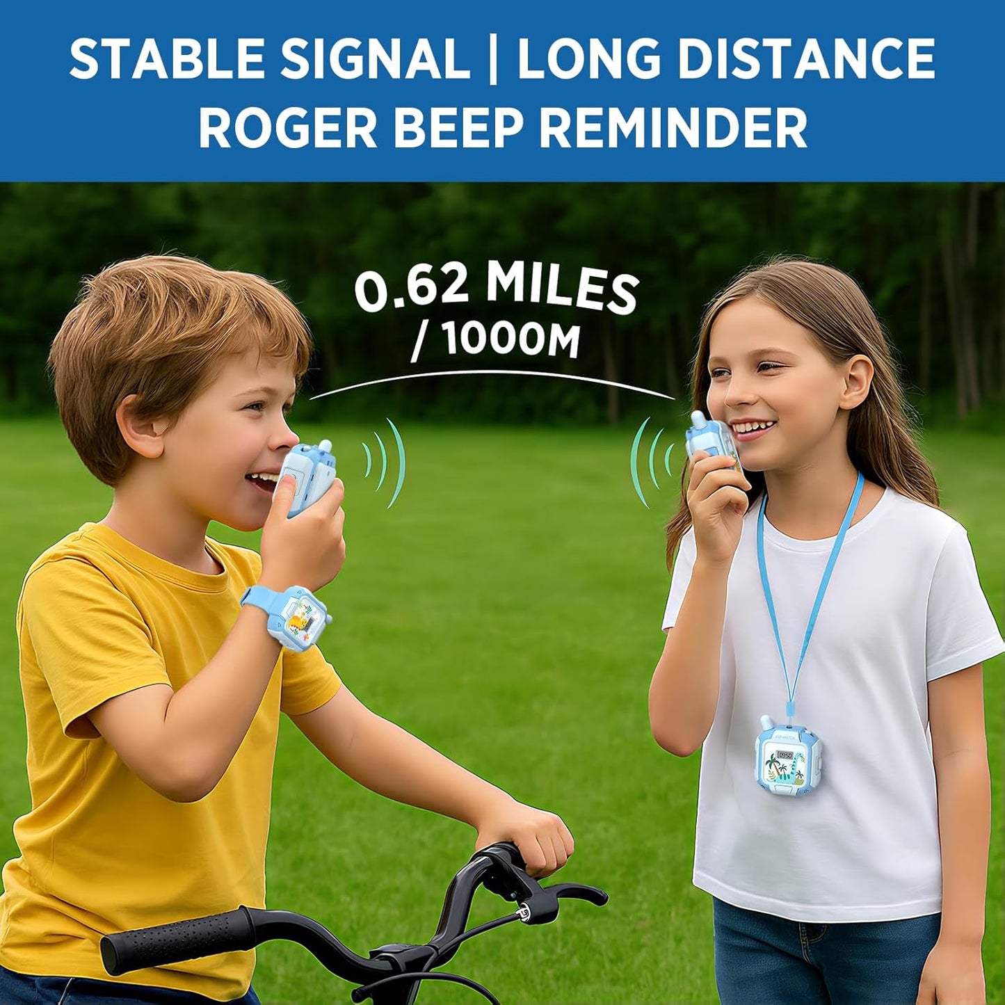 Kids Walkie Talkies Rechargeable 2 Pack, Wearable Wrist & Lanyard Watch with Flashlight, Fun Stickers, Toys Gifts for Boys Girls Age 3-12 for Outdoor Camping, Hiking, Birthday, Christmas (Blue)