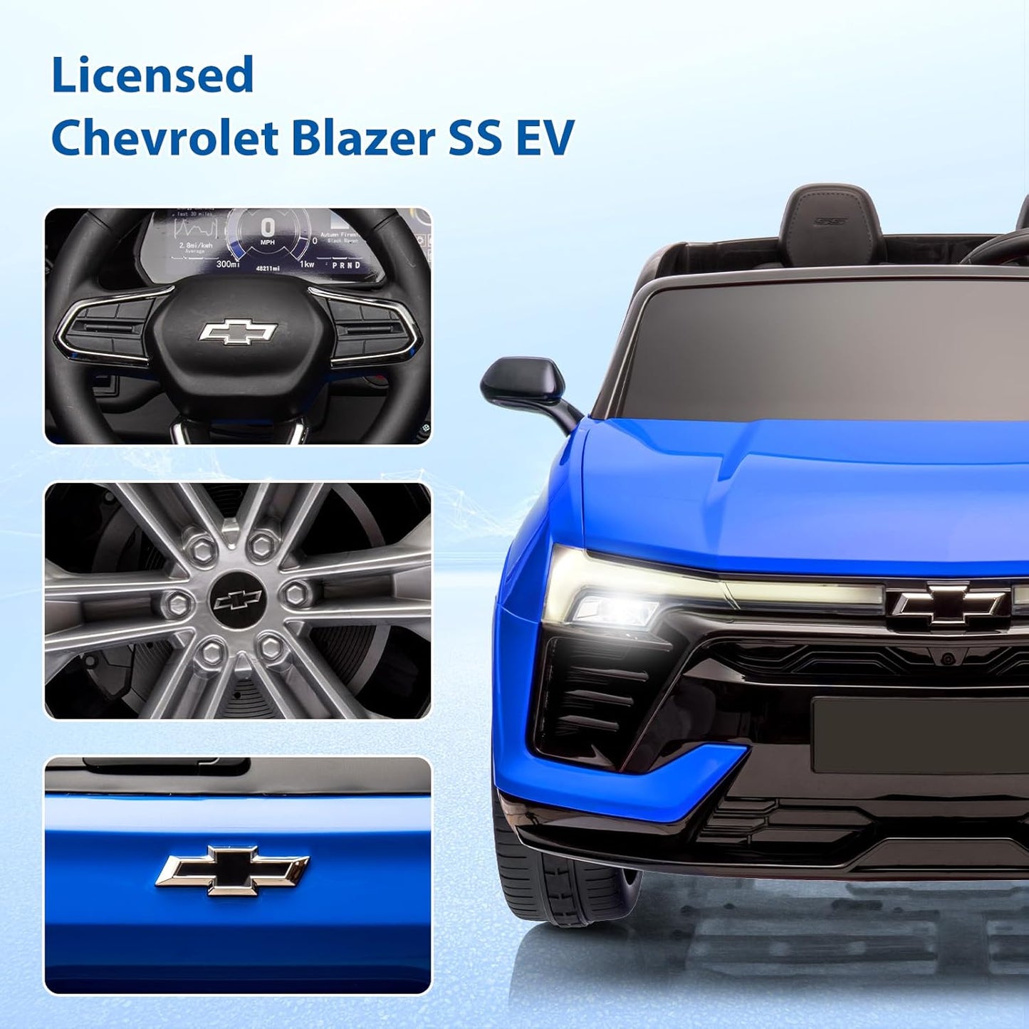 Hetoy 24V 2-Seater SUV Licensed Chevrolet Blazer Ride On Car Toy w/Parent Remote Control, 3 Speeds, Wireless Music, MP3 Player, Electric Car for Kids Ages 3-8, Blue