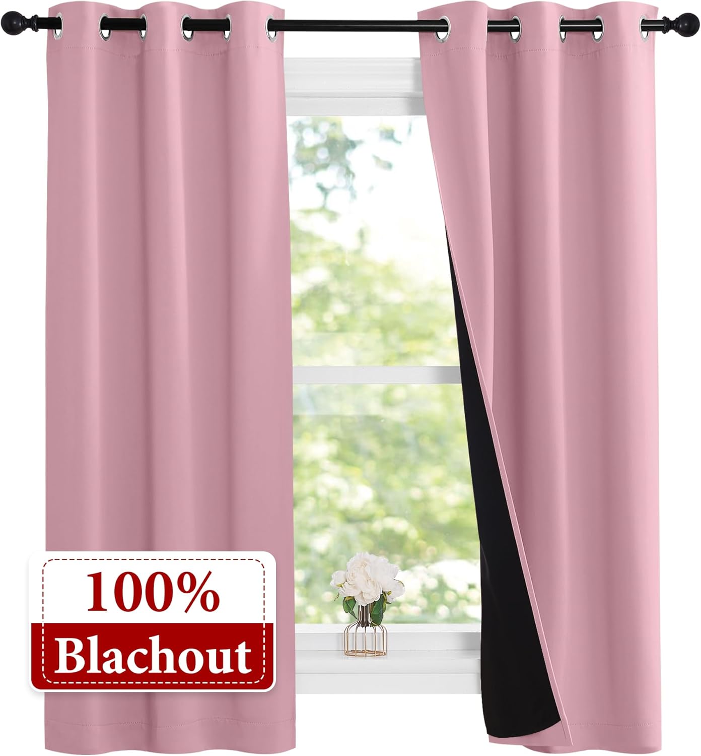 NICETOWN Crystal Pink Full Shade Curtain Panels, 37" Wide x 70" Long, Pair of Thermal Insulated & Energy Efficiency Blackout Curtains for Living Room Windows, Lined Silky Performance Window Dressing