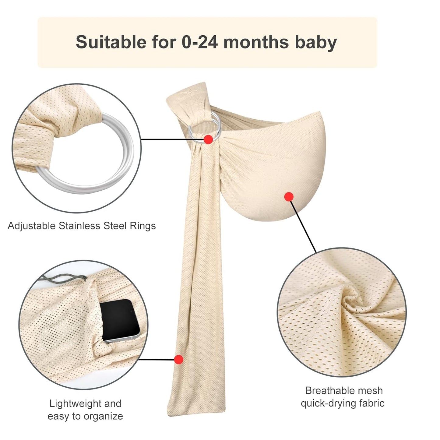 Water Ring Sling Baby Carrier, Adjustable Lightweight Breathable Newborn Carrier Sling for Summer, Swimming, Pool, Beach, Front Chest Mesh Infant Wrap Carrier for Baby Gift （ Beige
