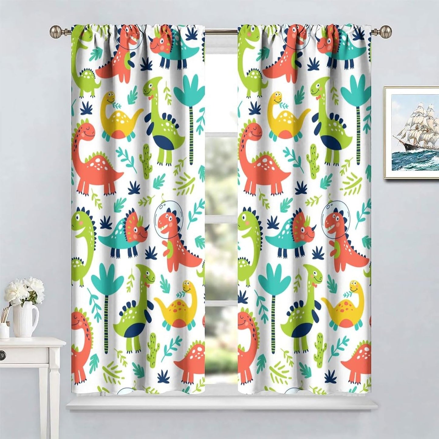 Rustic Dinosaurs Curtains Colorful Dino Kids Boys Cartoon Cute Cool Funny Decor Printed Blackout Rod Pocket Window Drapes for Living Room Bedroom W31.5xL72in 2 Panels