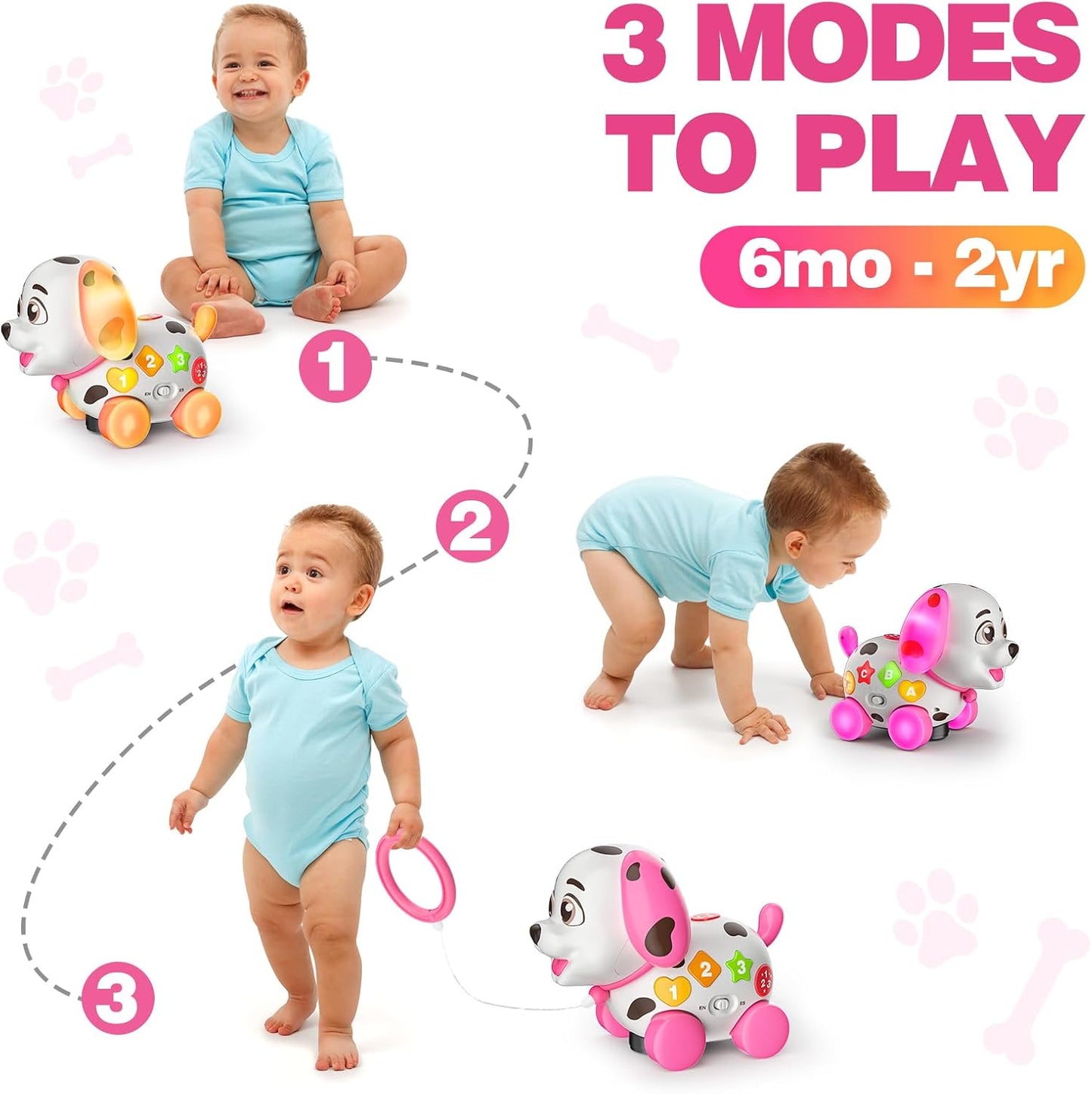 3-in-1 Musical Puppy Toys for 1 Year Old Girl Gift, Educational Baby Toy 6-12-18 Month, 1st Birthday Gift for 1 Year Old Girl Boy, First Bilingual Present for 7 8 9 10 Month Infant (Pink)
