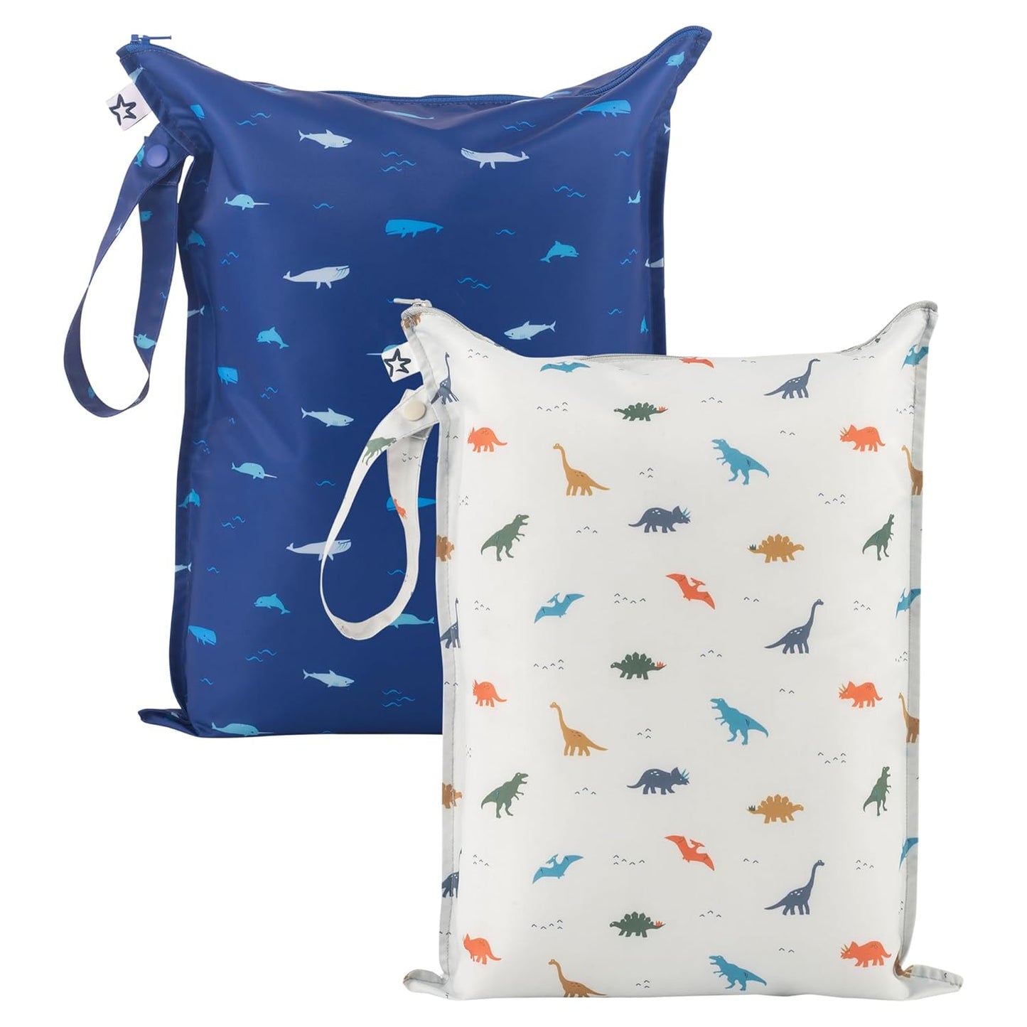 Tiny Twinkle Mess-Proof Waterproof Wet Dry Bag | 2-Pack Reusable Wet Bags for Swimsuits & Baby Clothes | Leakproof Wet Bag for Travel & Diaper Changes for Baby (Dinosaur, Ocean Life)