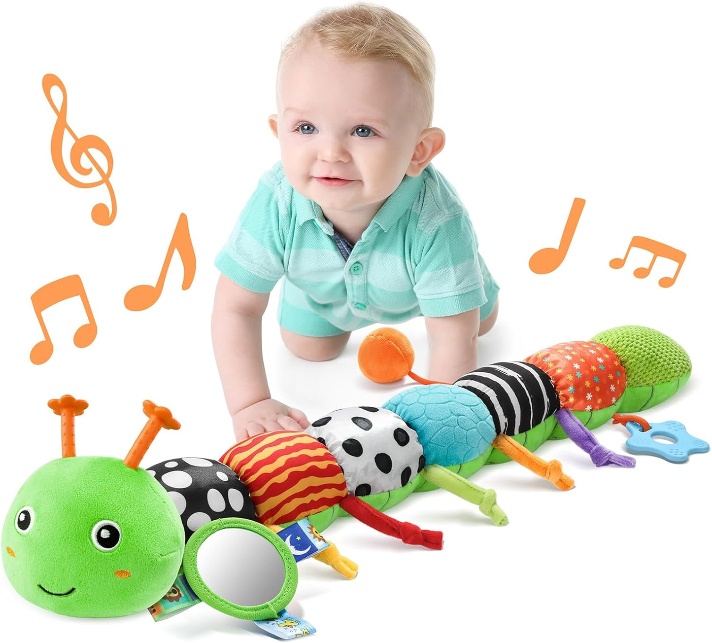 LIGHTDESIRE Baby Toys Musical Caterpillar,Infant Toys Stuffed Animals with Ruler Design,Mirror,Pull String&Ring Bell,Baby Teething Toy for Tummy Time Toy Newborn Boy Girl 3 6 12 Months(Grass Green)