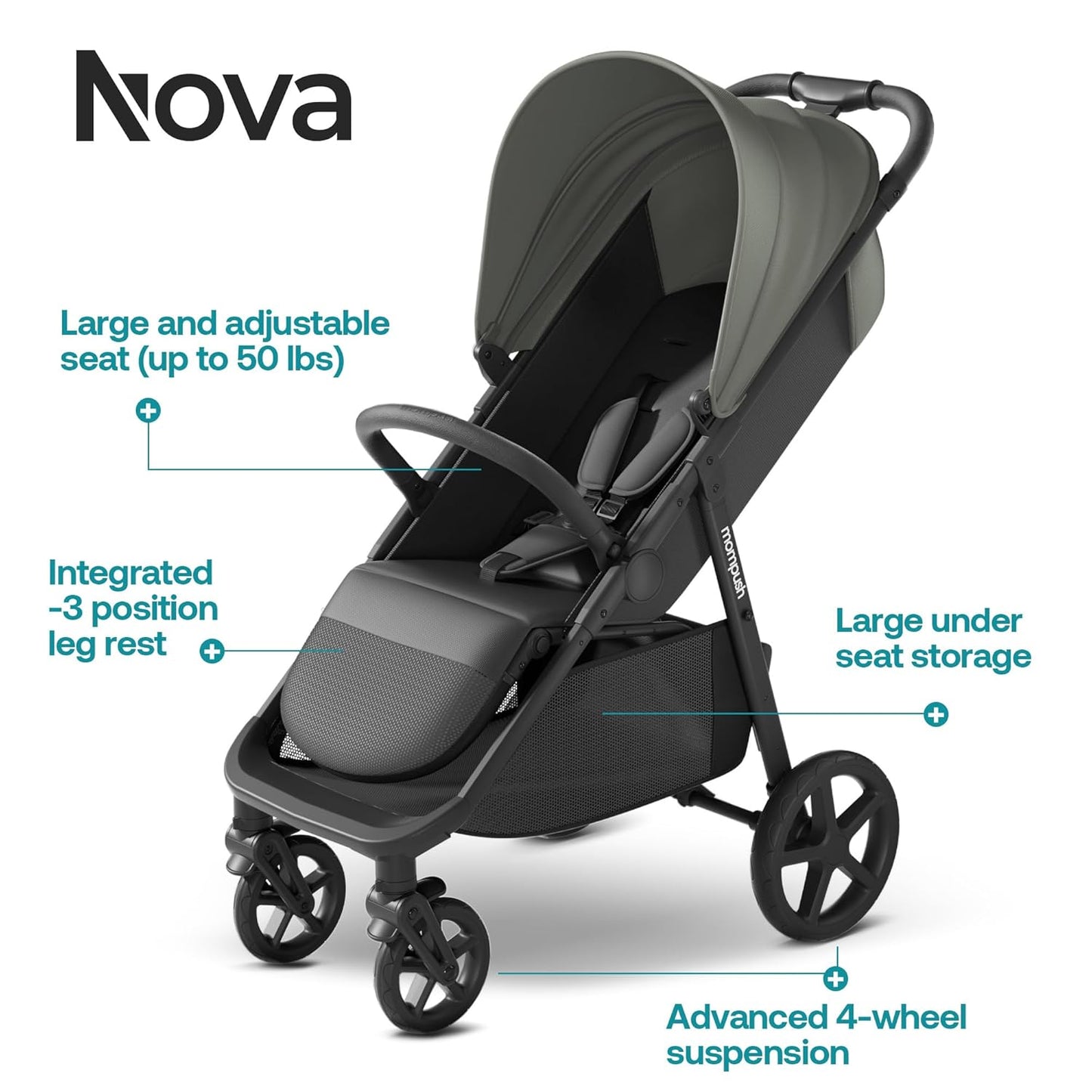 Mompush Nova Baby Stroller for Toddler, Infant & Newborn | Spacious Seat & Lie-Flat Mode | Compact One-Hand Fold, UPF 50+ Canopy & All-Wheel Suspension | Includes Rain Cover & Cup Holder, Green