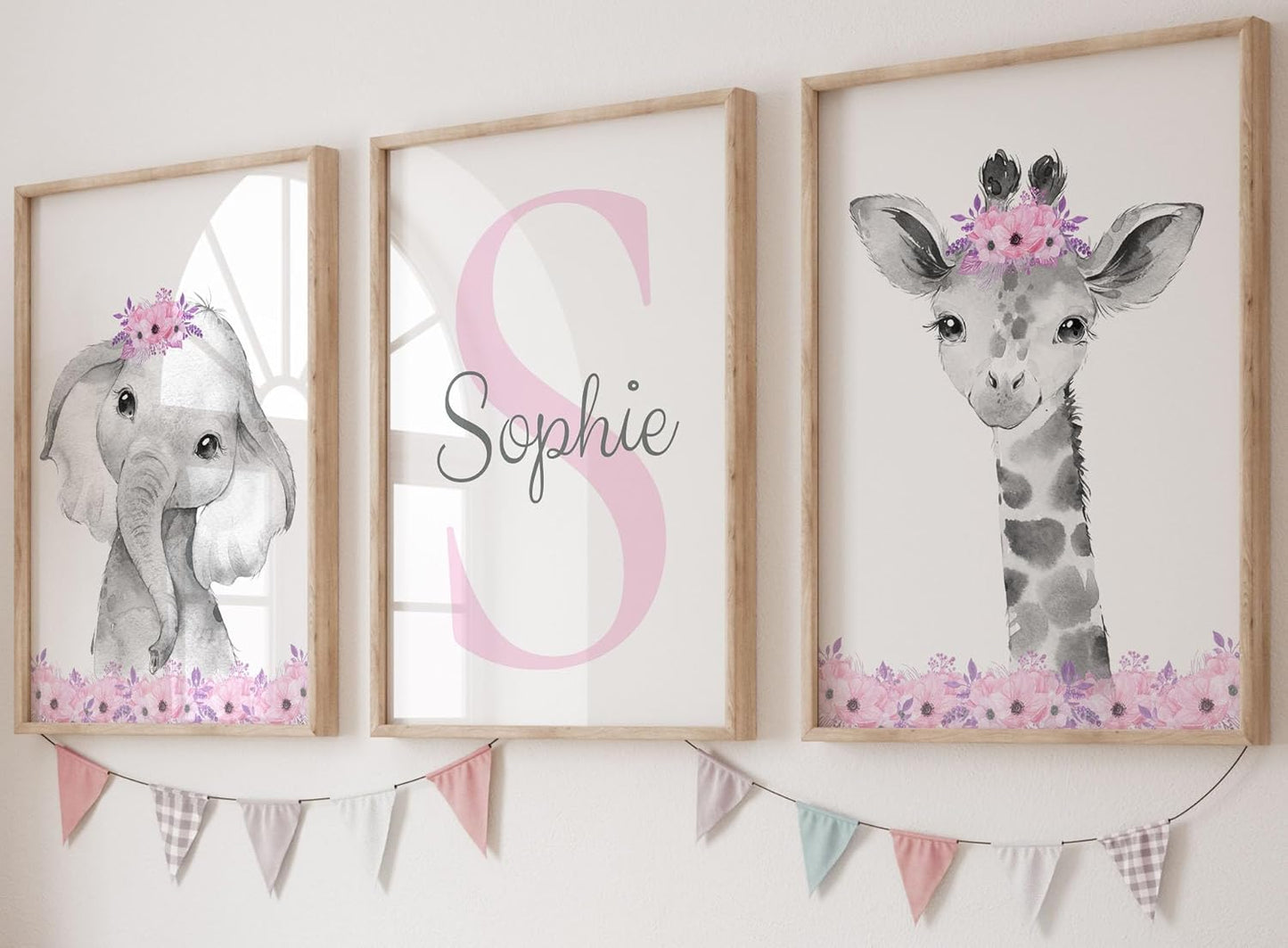 Safari Animals Girls Nursery Bedroom Unframed Set of 3 Poster Prints, Personalized Name Pink or Purple Flowers Wall Art Decor New Baby Gift Present, Elephant Giraffe Panda Zebra Lion (17x22)