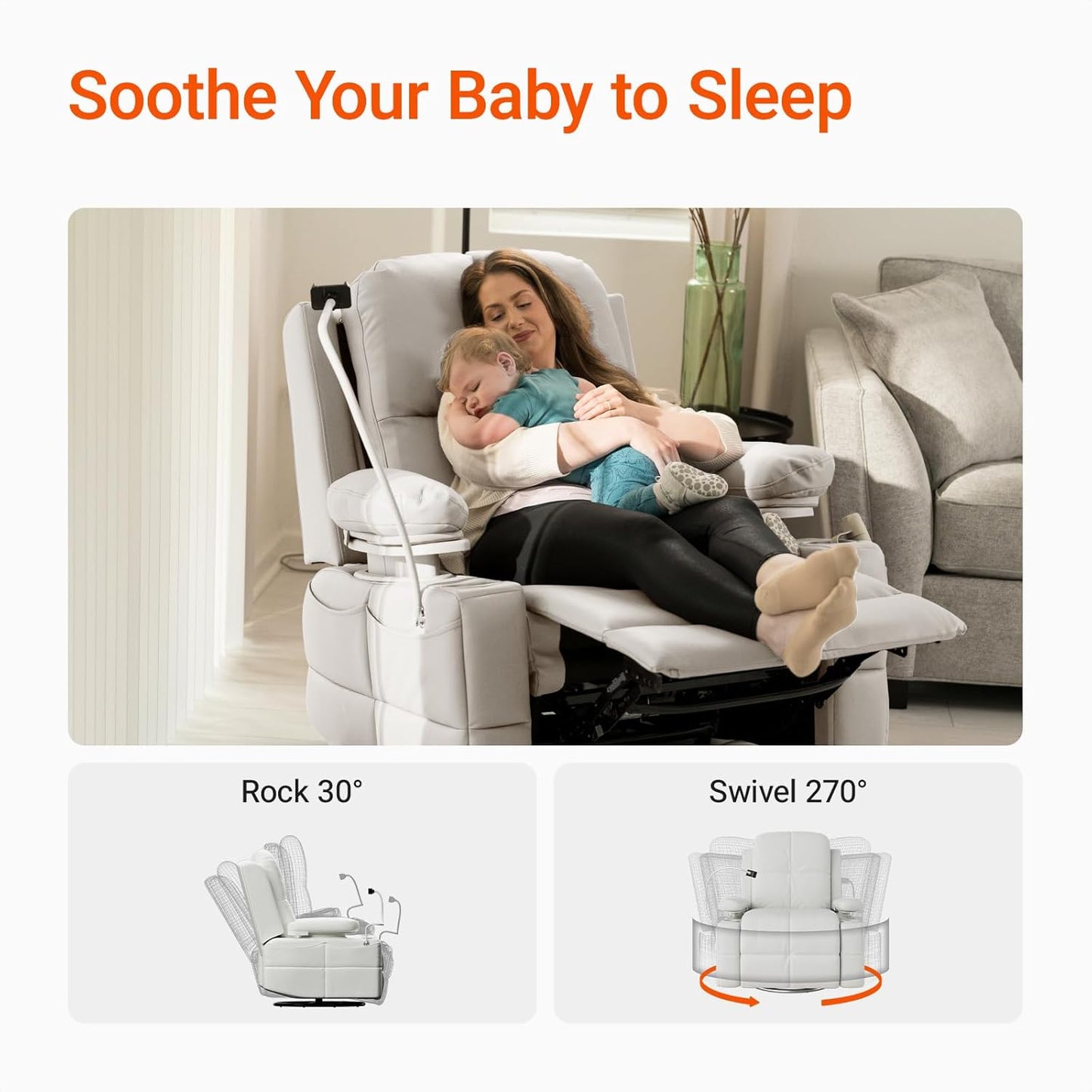 Rocking Chair Nursery with Adjustable Armrests, Electric Glider Recliner Nursing Chair for Breastfeeding, Power Swivel Recliner Chairs with USB Port and Storage, FSC Certified (Vanilla)