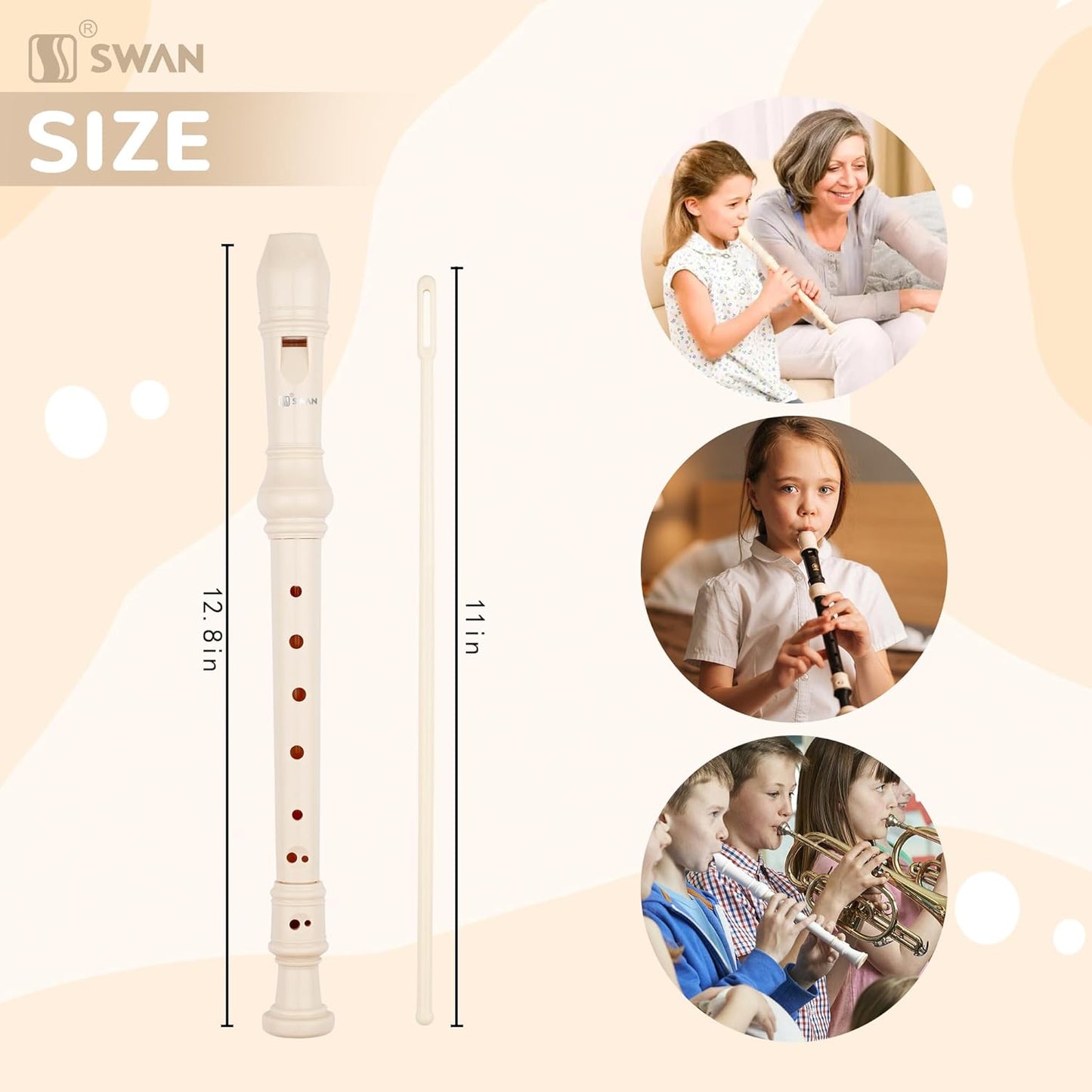 SWAN Soprano Recorder Instrument for Beginners Kids Student in School - German Fingering 8 Hole Flute 3pcs ABS Descant Recorders with Cleaning Rod and Fingering Chart, Beige