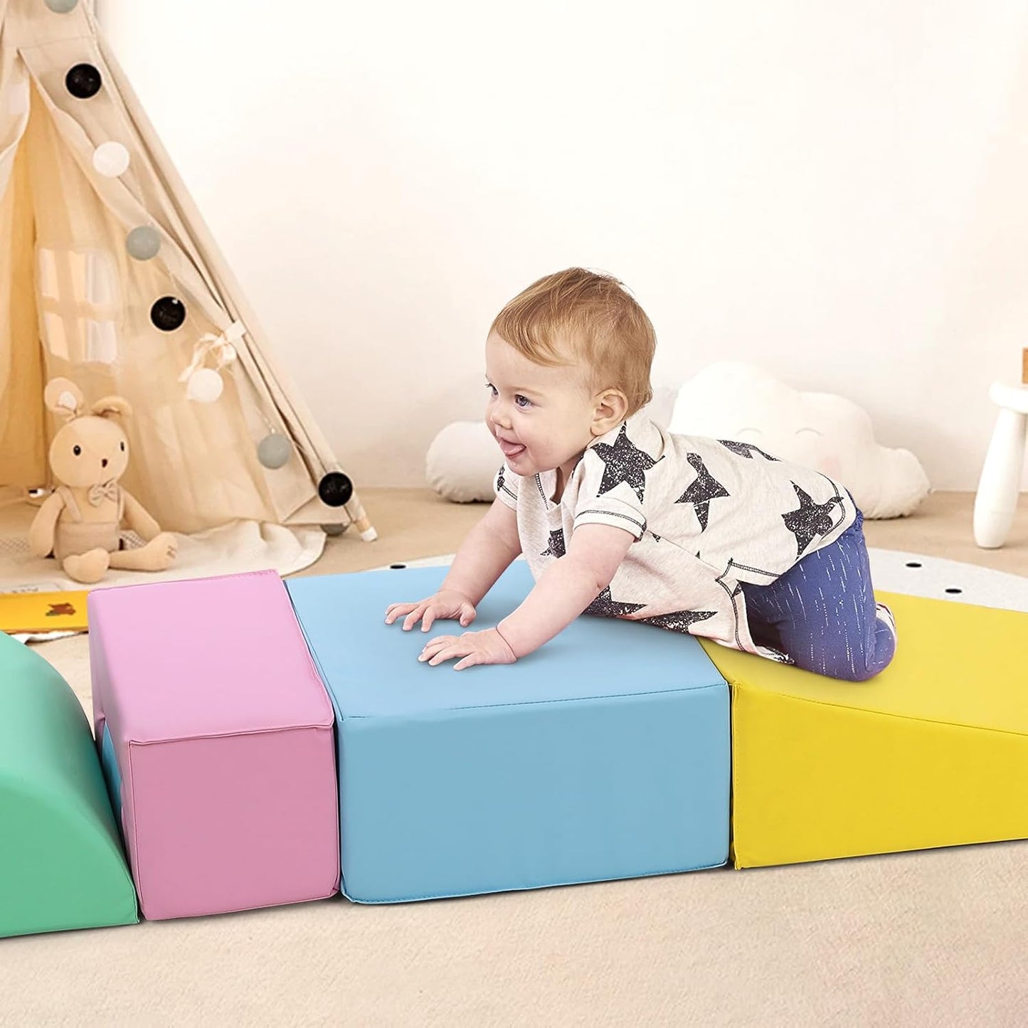 6-Piece Soft Toddlers Climbing Toys, Baby Foam Climbing Blocks for Babies Toddlers, Waterproof Foam Play Gym Climber Structures for Toddler 3, Indoor Climb and Crawl Activity Play Set (PU Leather)