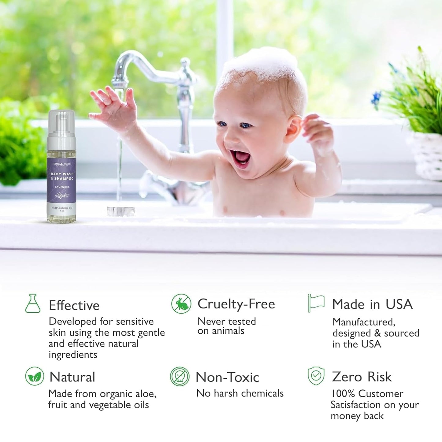 SoCal Suds & Company 2-in-1 Organic Foaming Shampoo & Body Wash - Gentle Botanical Baby Wash for Sensitive Skin Bath - Nourishing Soothing Castile Soap - Lavender, 6 oz (Pack of 1)