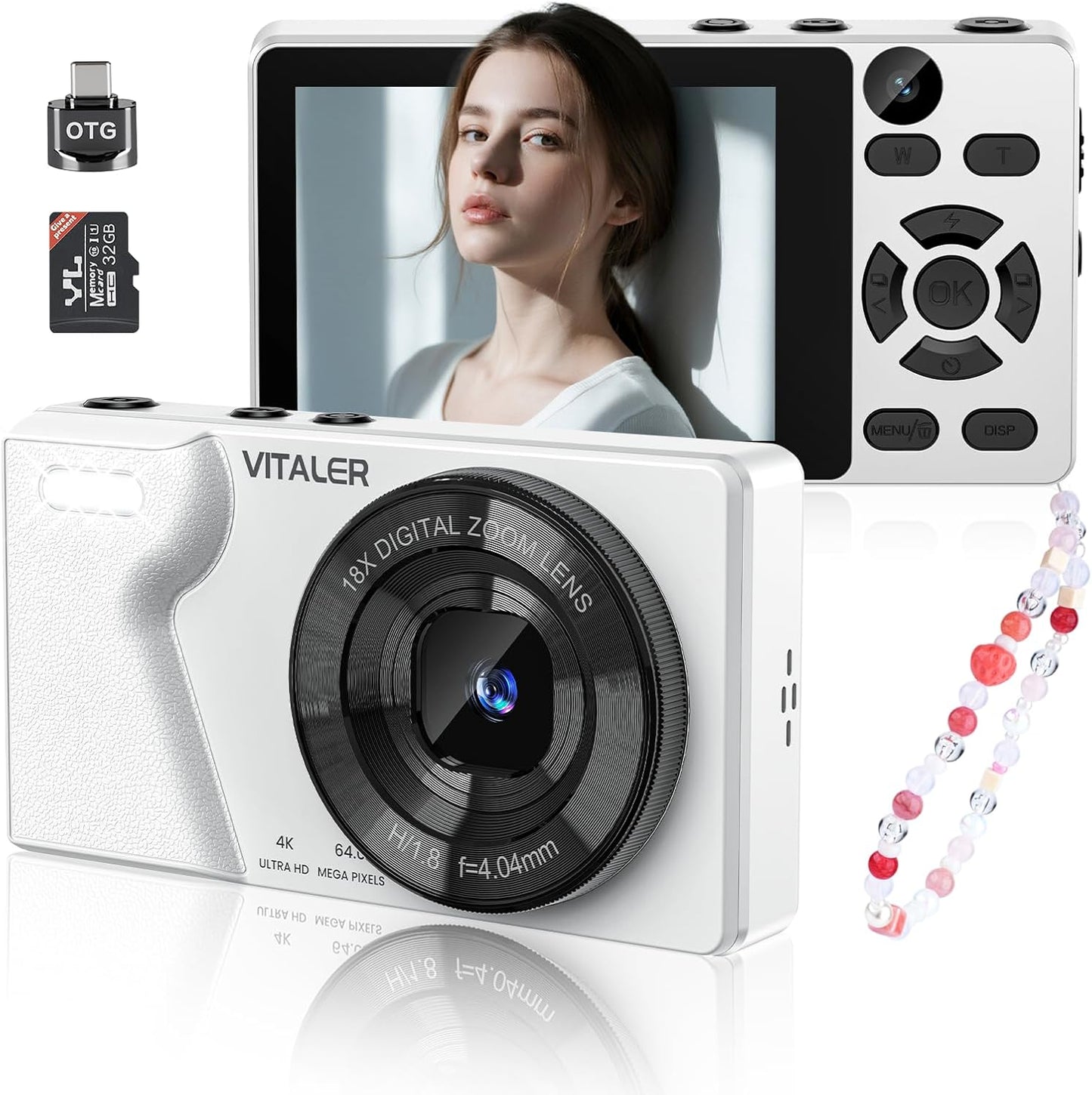 Digital Camera with Front Rear Lens, Autofocus 64MP 4K Camera for Photography with 32GB Card, Portable Compact Point and Shoot Camera for Teens Adult Beginner with Metal Shell, 2000mAh Battery