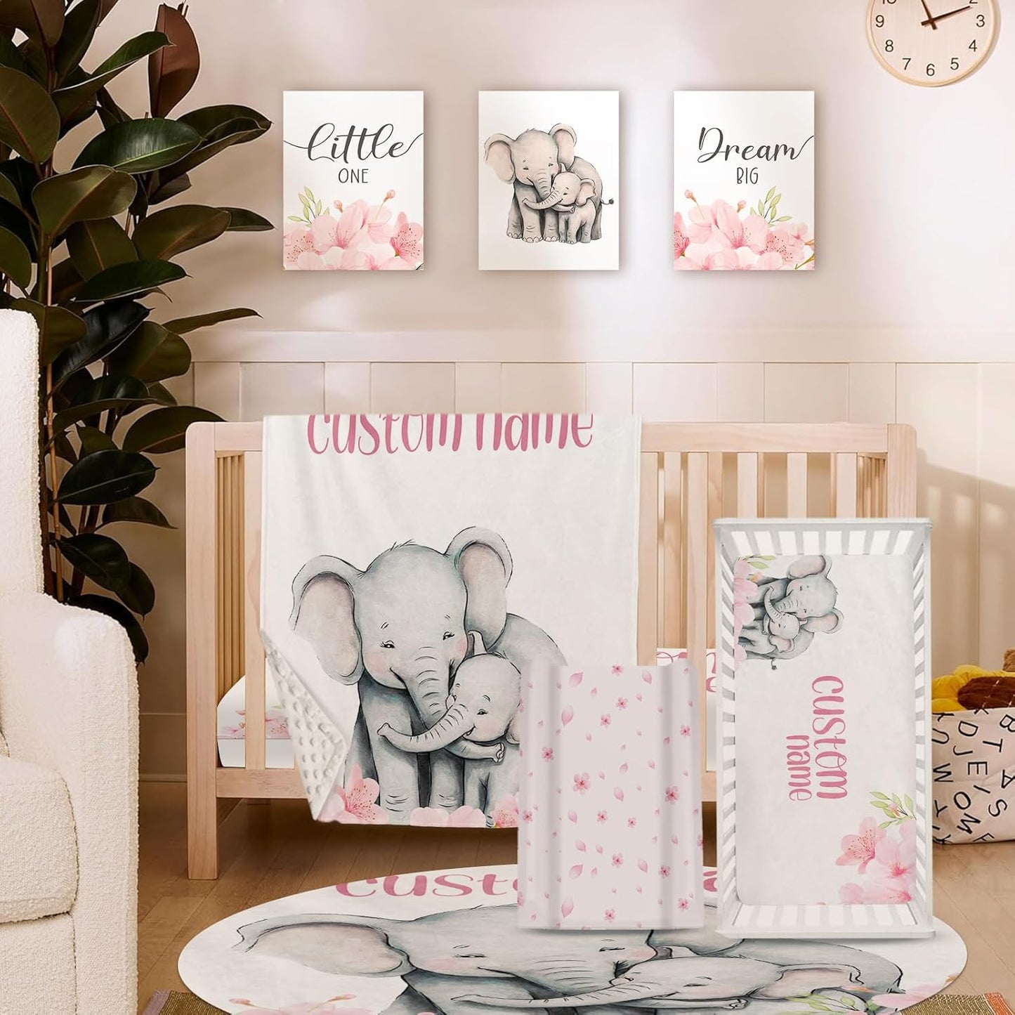 Personalized Baby Crib Bedding Set for Baby Girls, Pink Flower Elephant Design Custom Name Baby Crib Sets 5-Pcs, Toddler Double Layer Blanket Fitted Sheets Changing Pad Cover Rug Wall Art Set