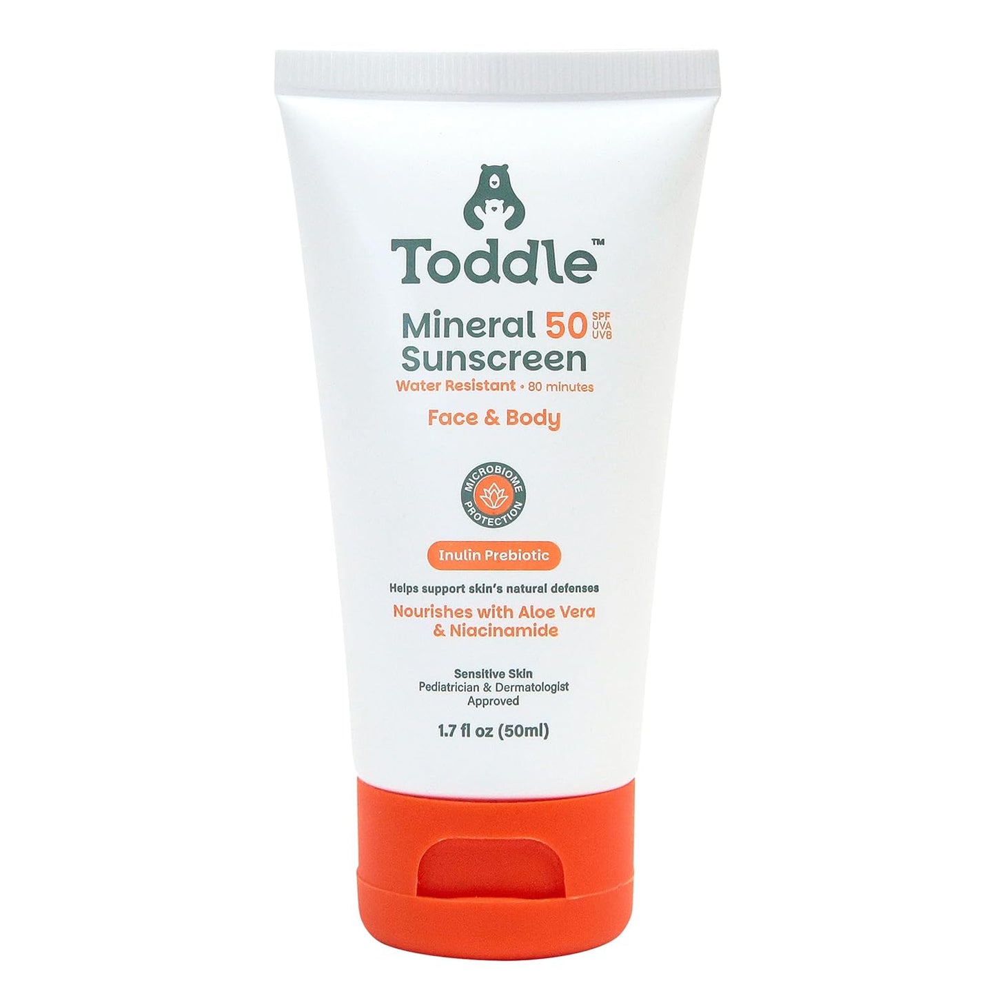 Prebiotic Mineral Sunscreen SPF 50 for Kids & Baby, Face & Body Sun Protection, Reef Safe, Non-Toxic Zinc Oxide Broad Spectrum, Water-Resistant, No White Cast, Travel Size 1.7oz
