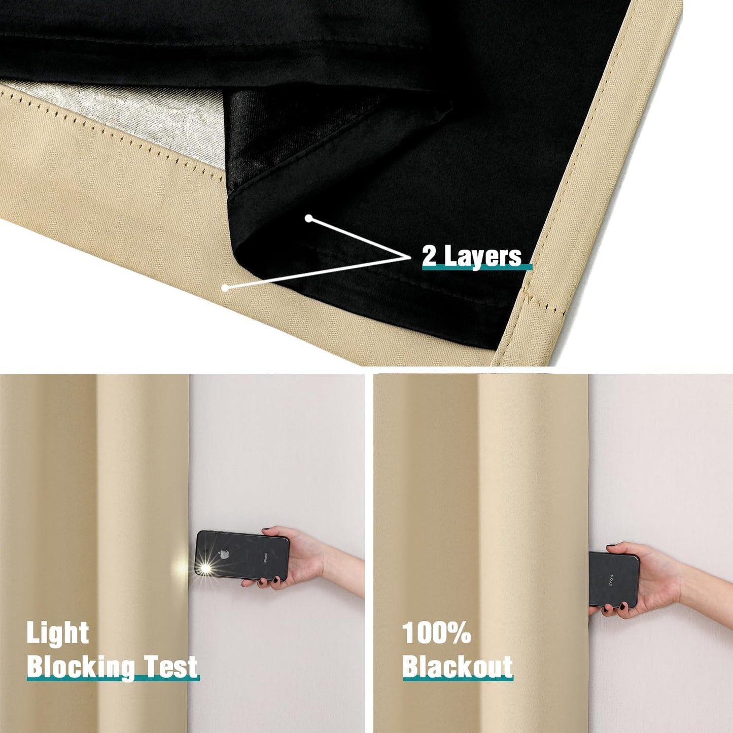 ChrisDowa 100% Blackout Curtains for Bedroom with Black Liner, 2 Thick Layers Total Blackout Thermal Insulated Grommet Window Curtains 2 Panels Set (Beige, 52 x 45 Inch)