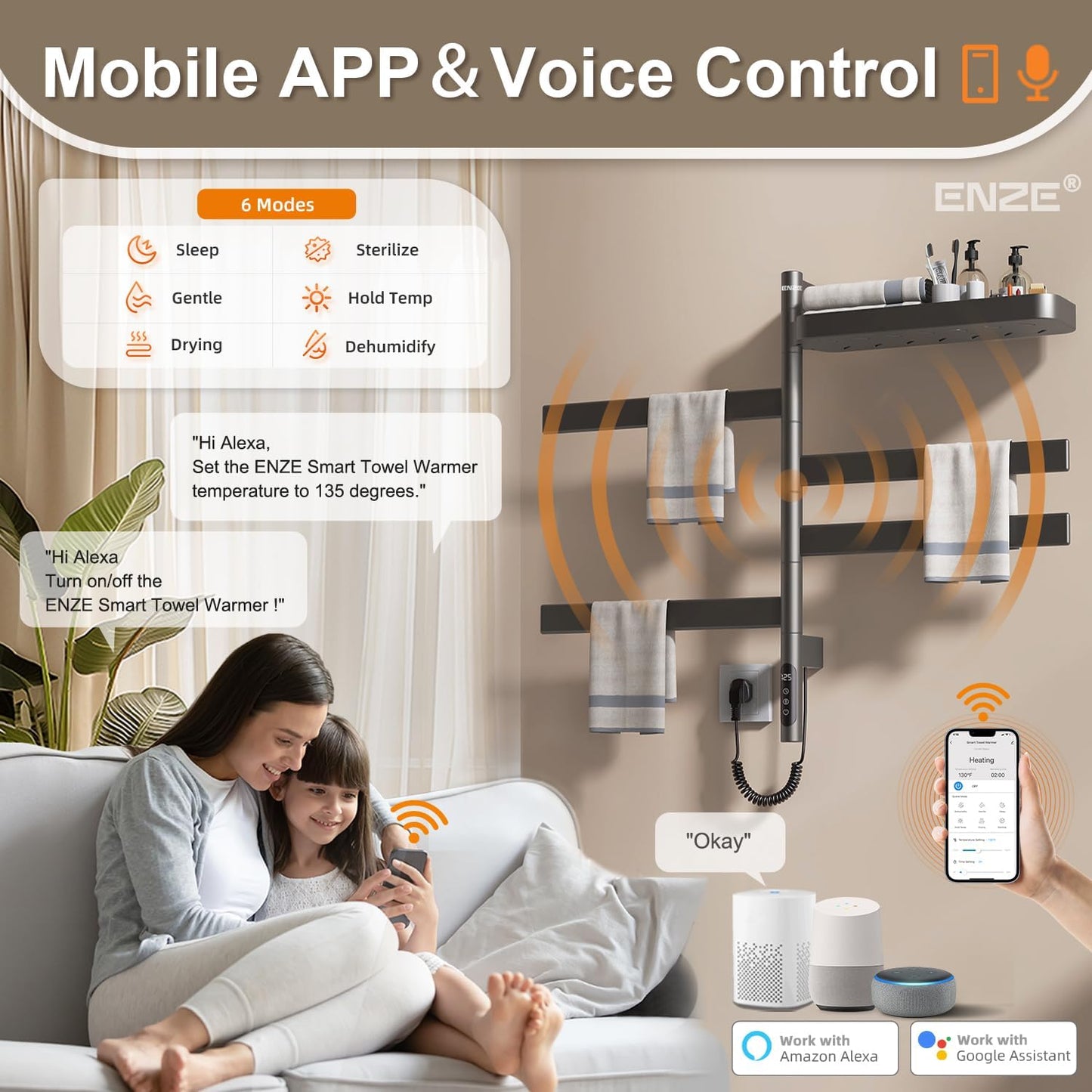 ENZE Smart Rotating Heated Towel Rack for Bathroom, Wall-Mounted Electric Towel Dryer with Swivel Bars & Shelf, Smart Timer, Low Carbon Steel, Plug-in/Hardwired, Towel Warmer with Wi-Fi App Control