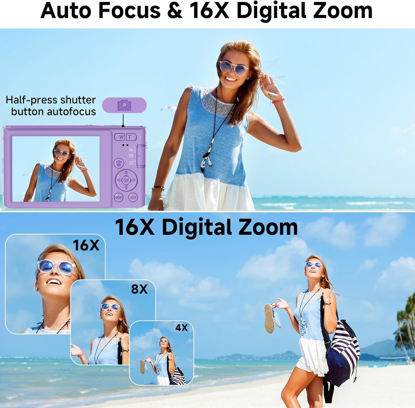 Digital Camera, FHD 4K 44MP Digital Camera, 16X Digital Zoom, Digital Point and Shoot Camera with 3-LED Fill Lights, 64GB SD Card, Compact Camera for Kids Teen Boys Girls, Purple