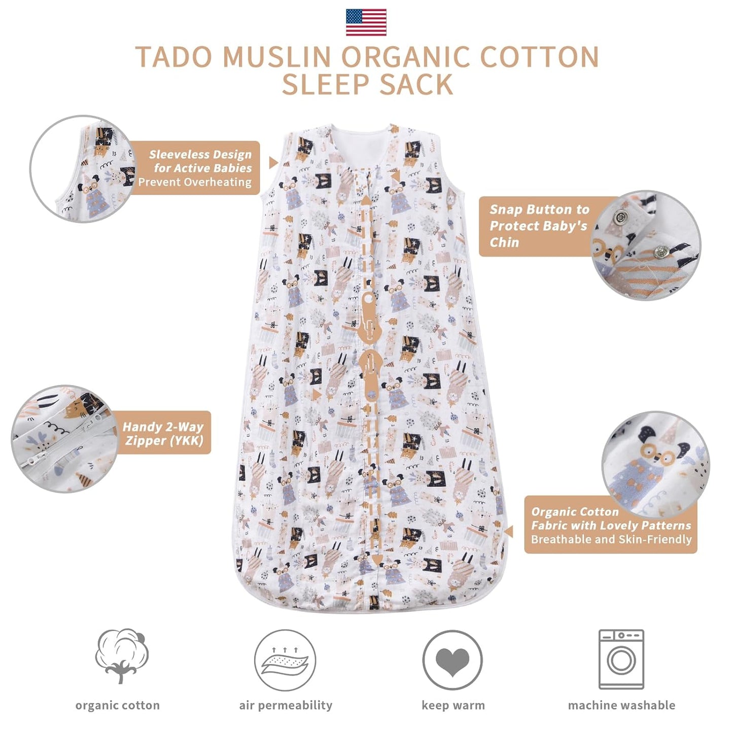 Toddler Sleep Sack 2-4 T Baby Wearable Blanket 100% Organic Cotton 0.5 TOG Baby Muslin Sleep Sacks 2- Way Zipper Soft XL 2T 3T 4T
