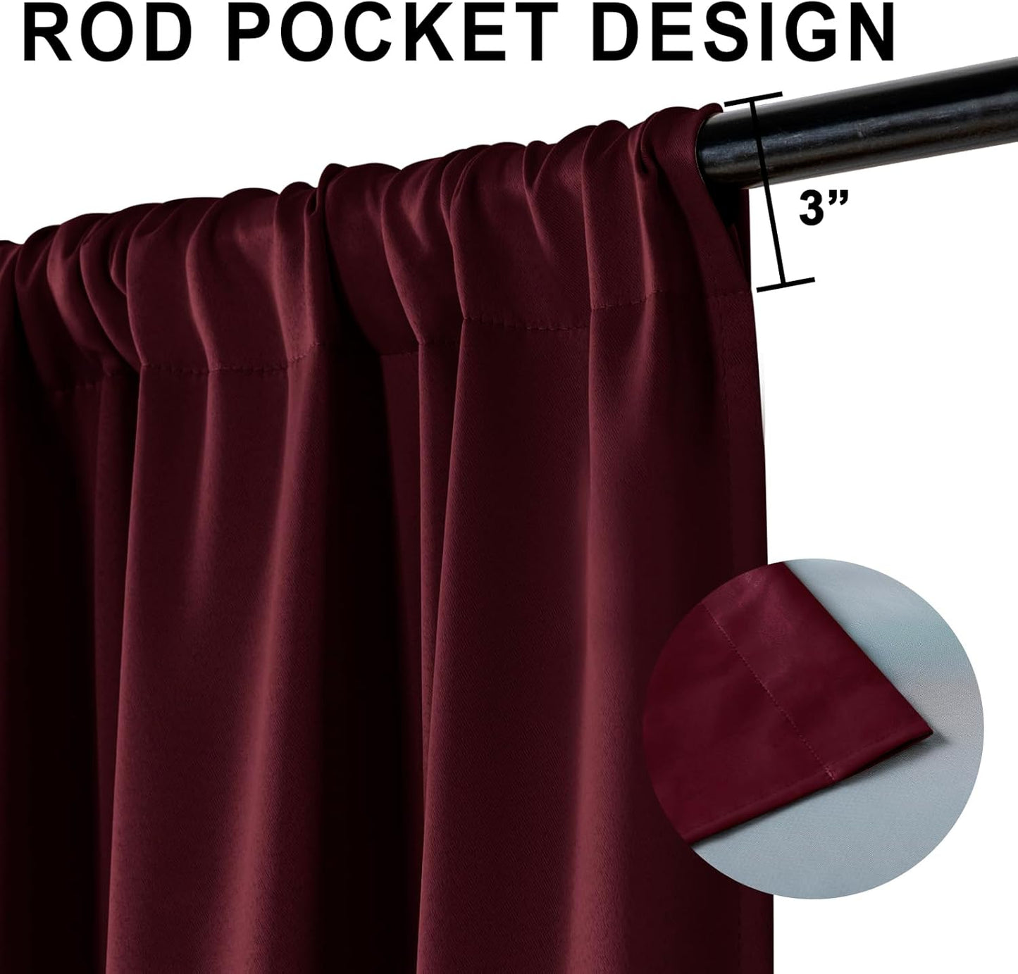 XWZO Full Shading Blackout Curtains 54 Inches Length - Heat and Light Blocking Rod Pocket Window Drapes with Black Liner Backing for Bedroom Sewn with Tiebacks, Burgundy, W42 x L54, Set of 2 Panels