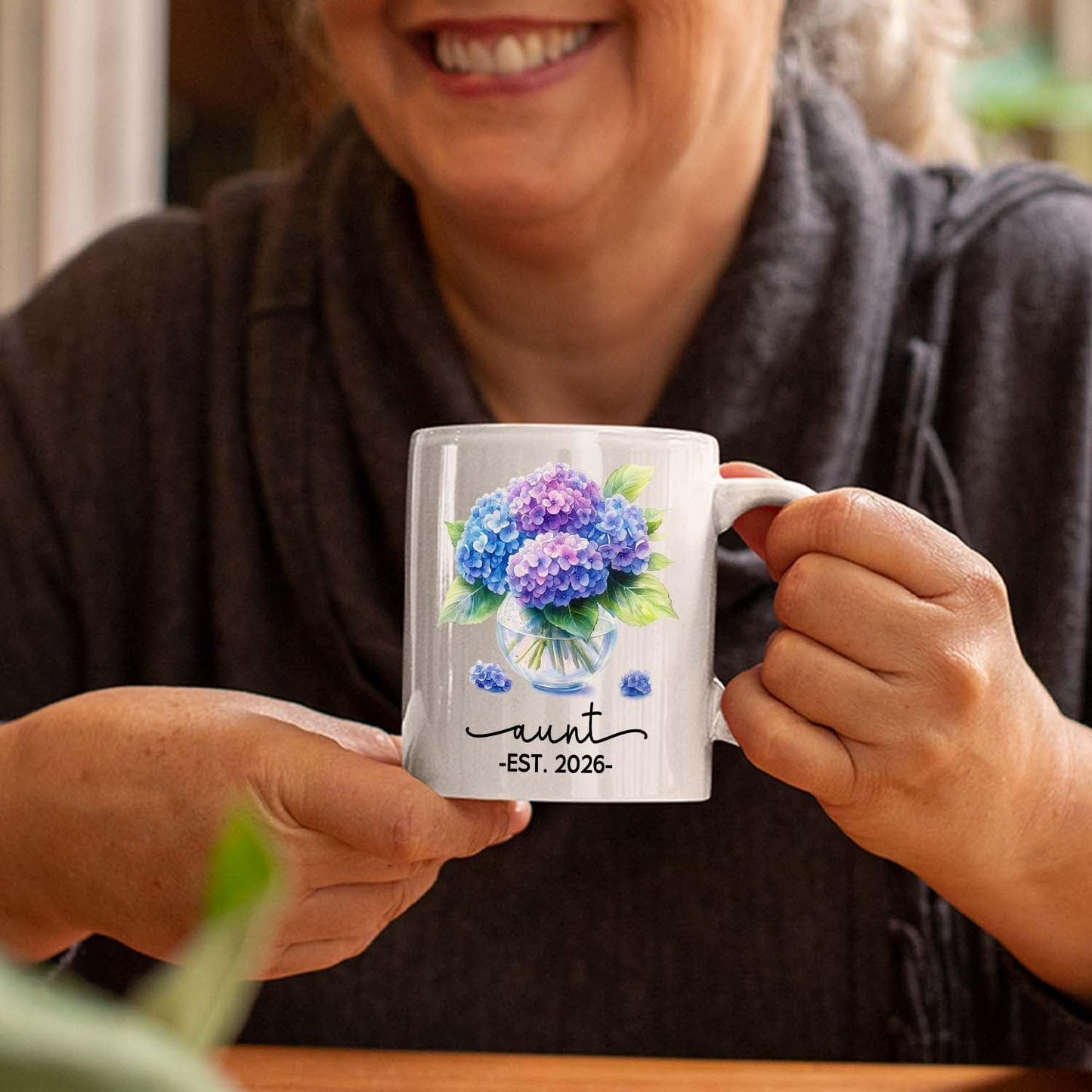 Personalized Year Name Aunt Coffee Mug Gift For Pregnancy Reveal Birthday, Customized Aunt EST 2026 Accent Cup, Hydrangea Auntie White Coffee Cup 11 15 Oz, Auntie to Be Mug Gift For Sister Besties