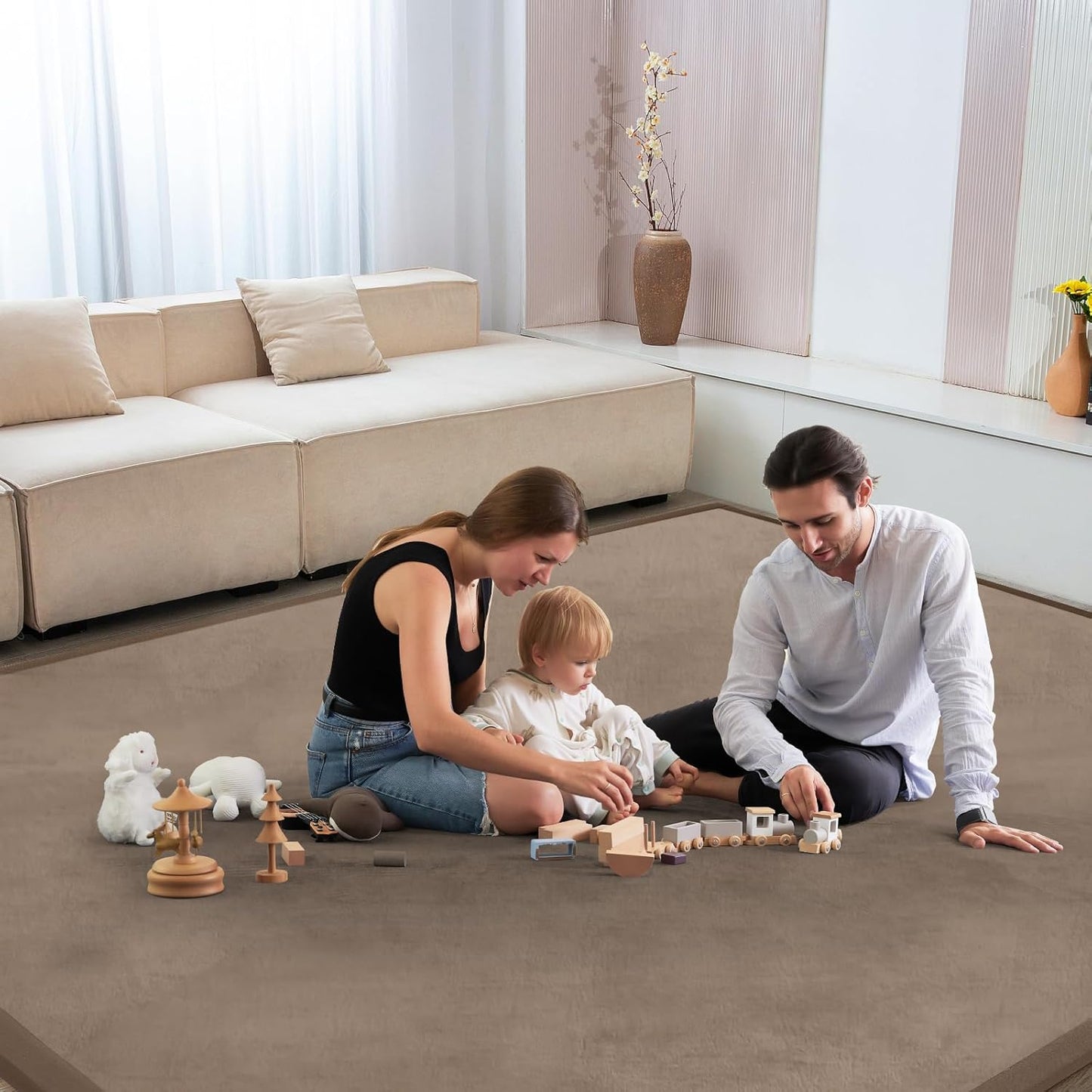 Baby Play Mat for Floor Tummy Time Mat Nursery Rug Muscle Mat Area Rug Playroom Rug Tatami Mat 9'2"x6'7" Memory Foam 1.3" Thick Crawling Mat for Babies,Toddlers, Infants, Kids,Floor Mat(Brown)