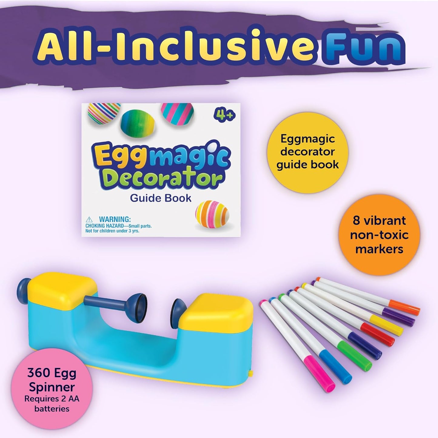 MindWare Eggmagic Decorator Dynamic Easter Egg Coloring Kit with Automatic 360 Egg Spinner and Vibrant Non-Toxic Marker Set (8 ct) for Creative Family Fun Decorating Activity