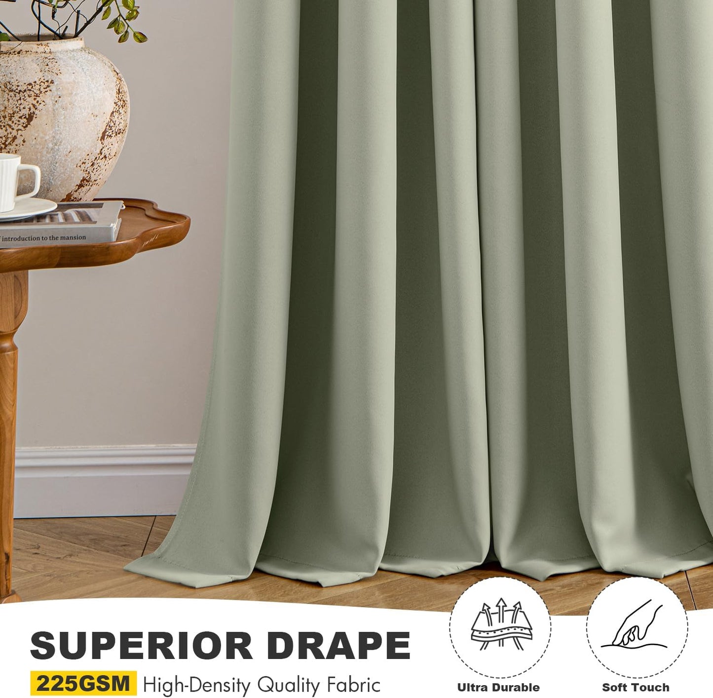 MIULEE Sage Green Blackout Curtains for Bedroom Living Room 72 Inches Long 2 Panels, Thermal Insulated Drapes Solid Grommet Top Noise Reducing Light Green Window Treatments Set W40 x L72 Inch