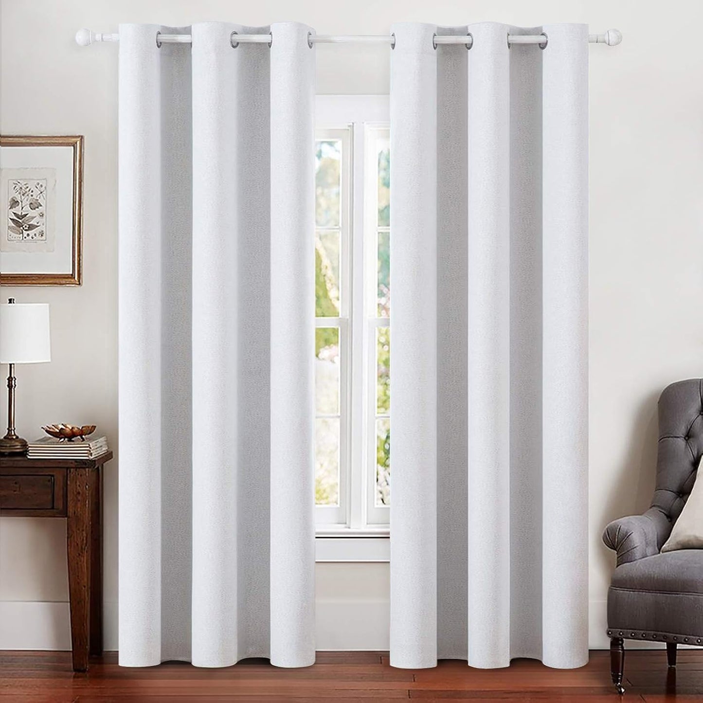 MIULEE Linen Blackout Curtains for Bedroom Solid 100% Blackout Thermal Insulated Grayish White Curtains Grommet Room Darkening Curtains/Drapes for Living Room 42x90 Inch (2 Panels)