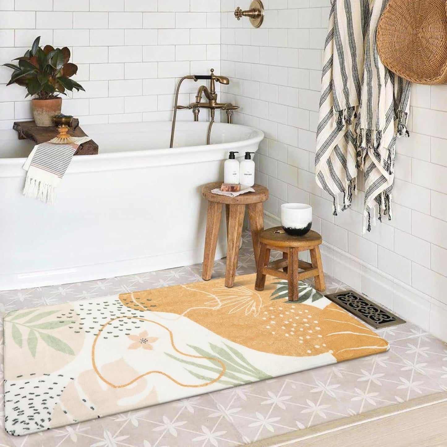 Lahome Washable Rugs for Bathroom - 2x4 Lightweight Non-Slip Laundry Room Rug Kitchen Sink Floor Mat Soft Throw Small Runner Rug, Boho Botanical Print Indoor Rug Runner for Hallway Entrance Bedroom