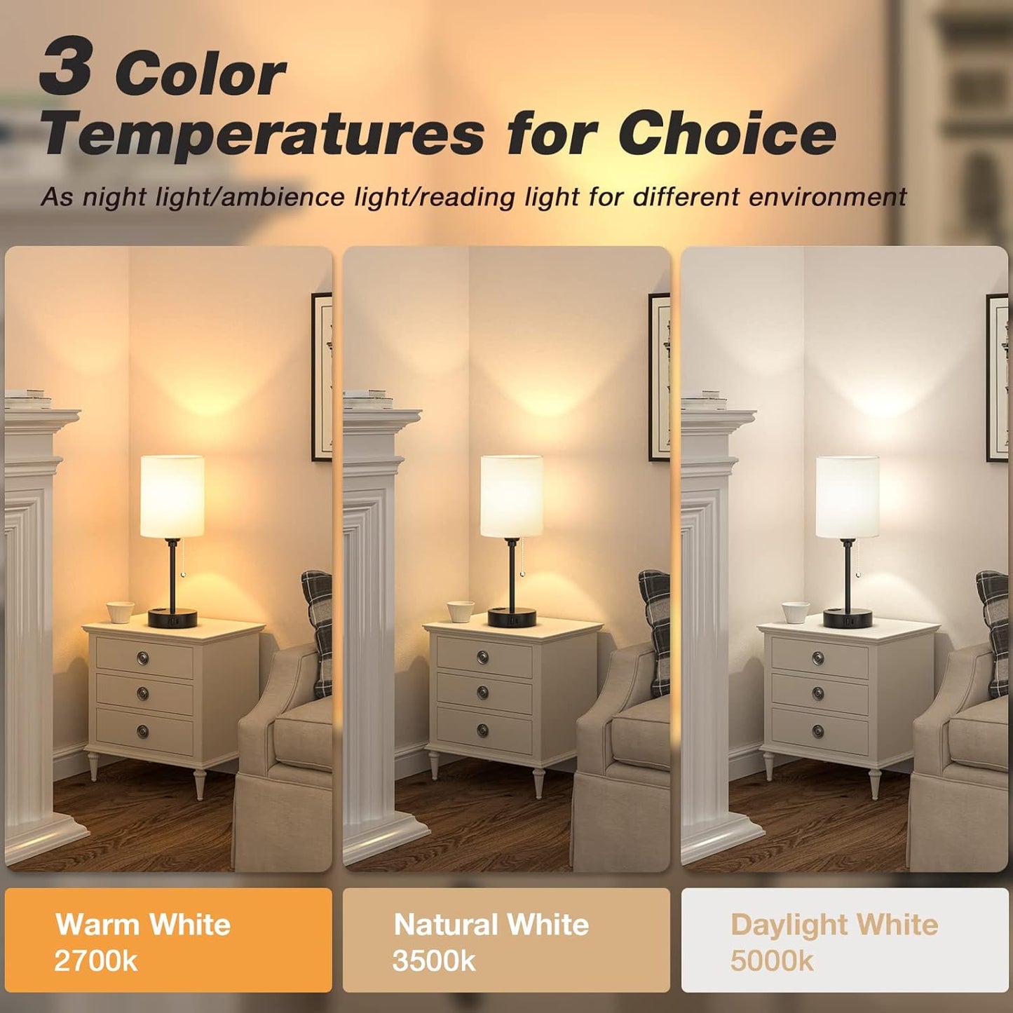 Bedside Table lamp for Bedroom Set of 2-3 Color Temperatures Small Lamps with USB C and A Ports, Pull Chain Table Lamps with AC Outlet, White Nightstand Lamps with Black Metal Base for Kids Reading