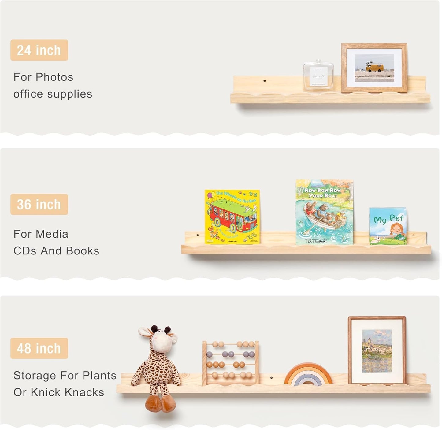 Fun Memories Picture Ledge Shelf for Wall, 24 inch Pine Wood Nursery Book Shelves Set of 2- Wall Book Shelves for Kids Room, Home Decor - Kitchen Spice-Natural.