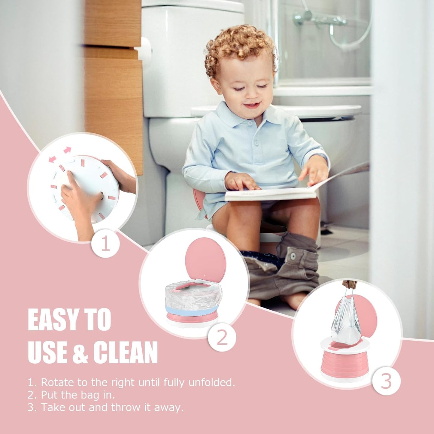 Travel Potty for Toddler Training - Foldable Seat for Boys & Girls - Portable Car Potty for Camping & Park (Pink)