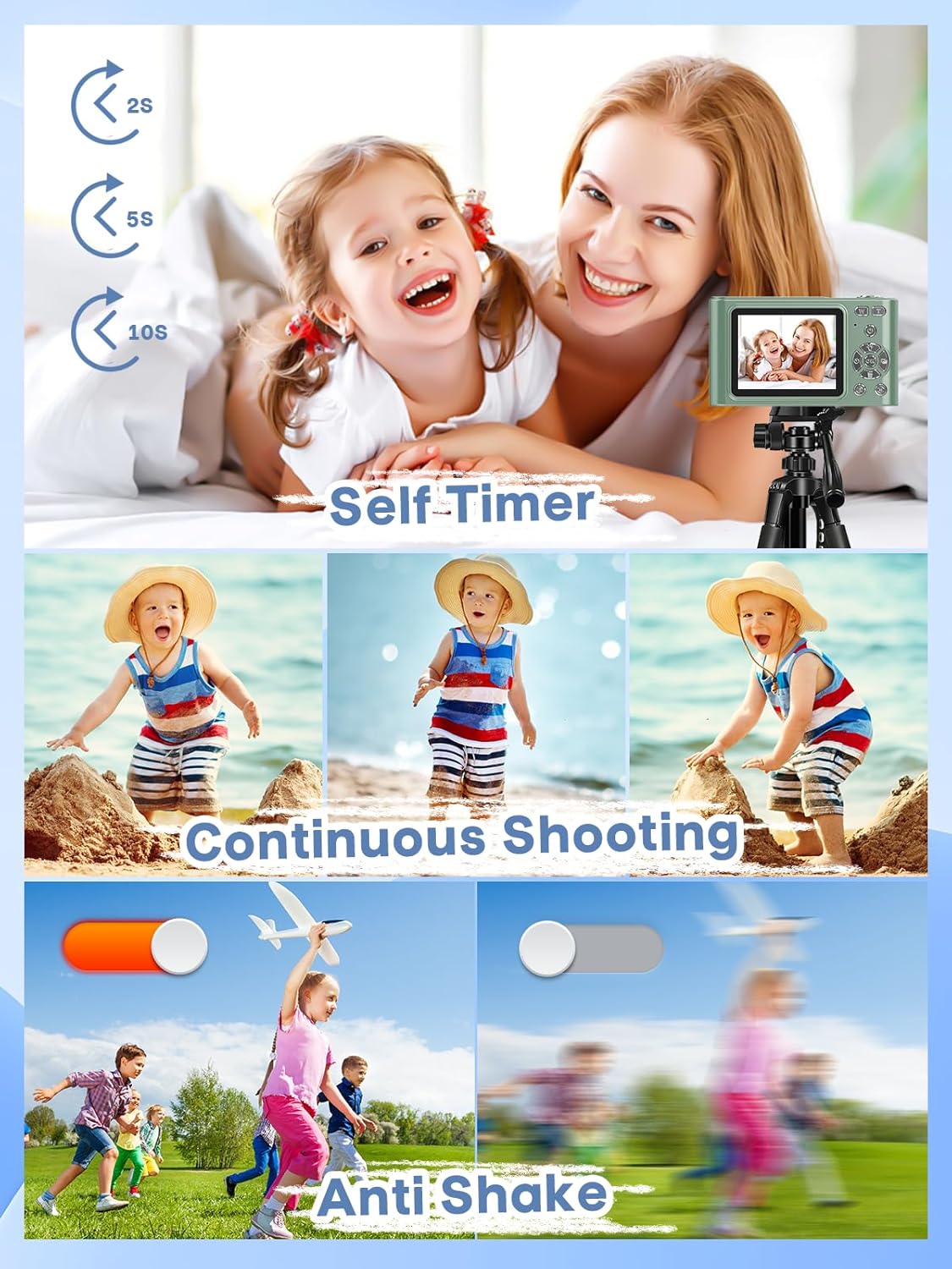 Digital Camera, 44MP Full HD 1080P Point and Shoot Camera with 64GB Card, Anti Shake 16X Zoom Compact Volg Cameras, Portable Small Camara Gift for Kids, Ages Teen Girl Boy - Green