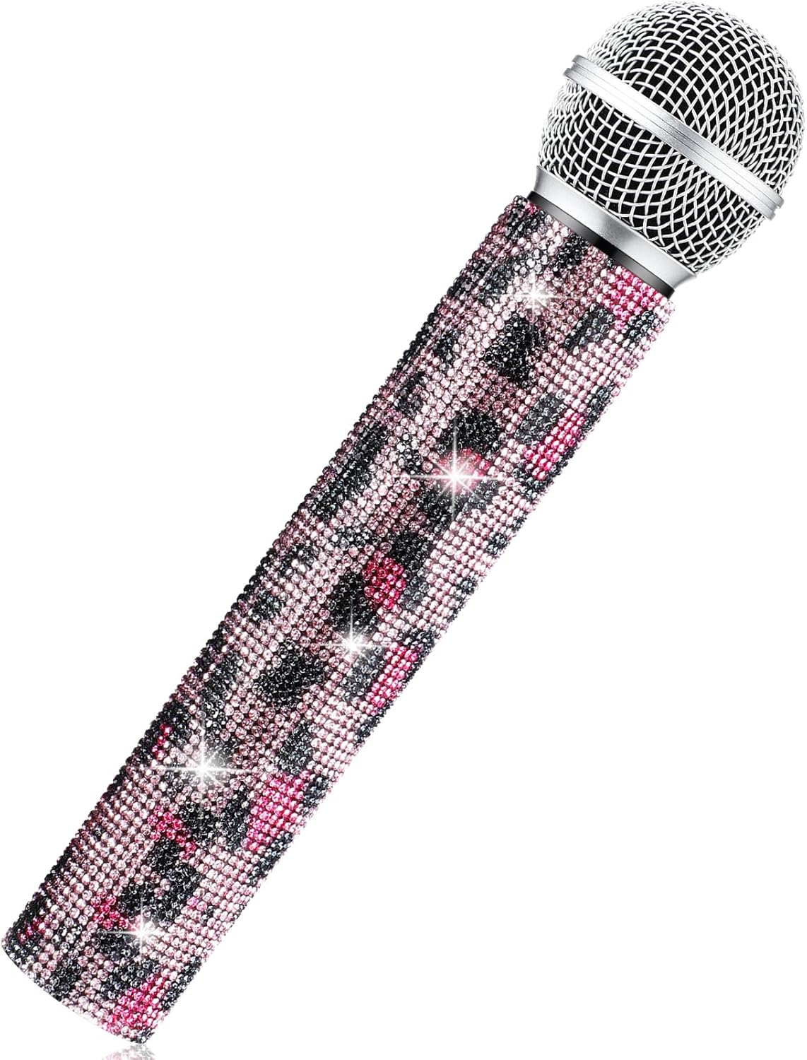 Sanwuta Fake Microphone Prop Sparkly Bling Rhinestones Plastic Play Microphone Pretend Glitter Bedazzled Mic for Cosplay Party Costume(Pink Leopard)