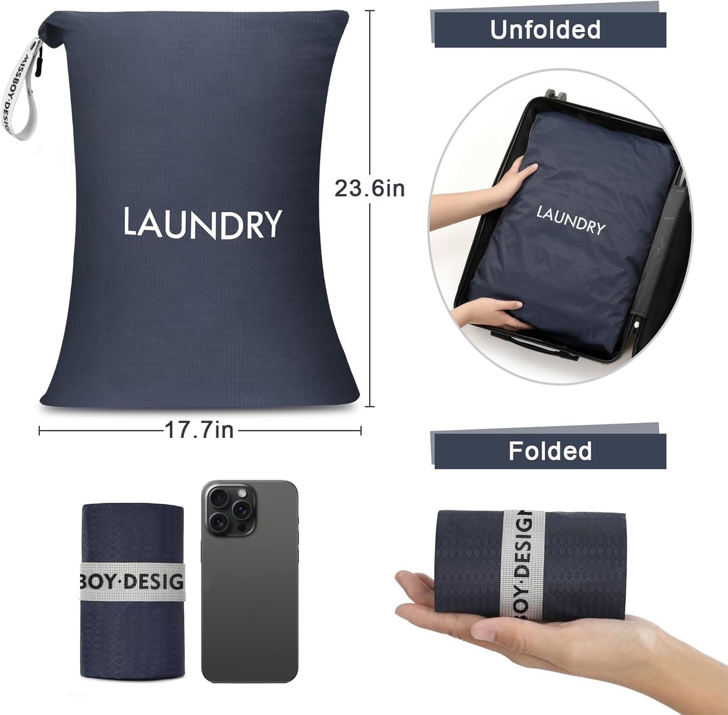MissBoy 2 Pack Laundry Bags, Nylon Washable Wet Dry Bag, Travel Laundry Bags for Dirty Clothes, Dirty Clothes Organizer Bag for Home, College Dorm Laundromat