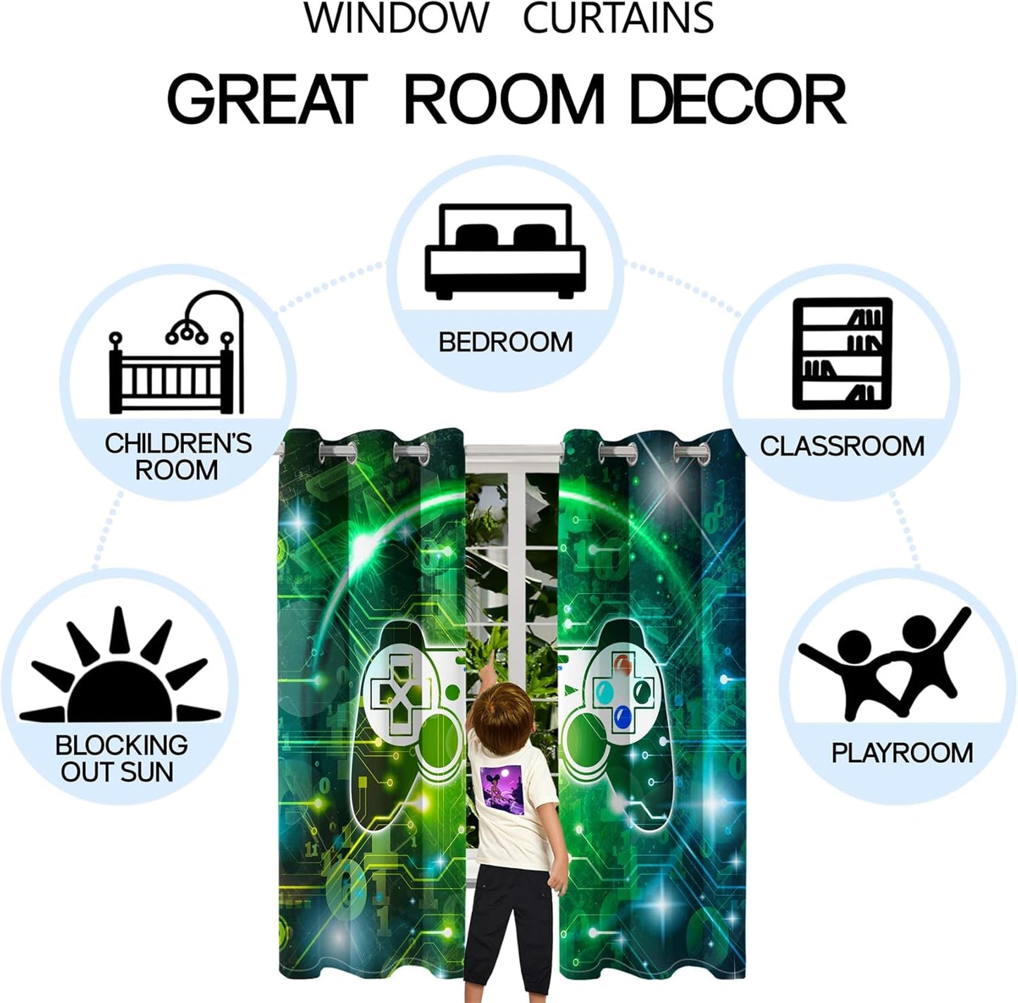 Gaming Blackout Curtains for Boys - 2Pcs Game Windows Curtain Panels for Boys Bedroom Green Gaming Console Curtains for Teens Boys Kids Room Decor Grommet Top, 82 in x 63 in