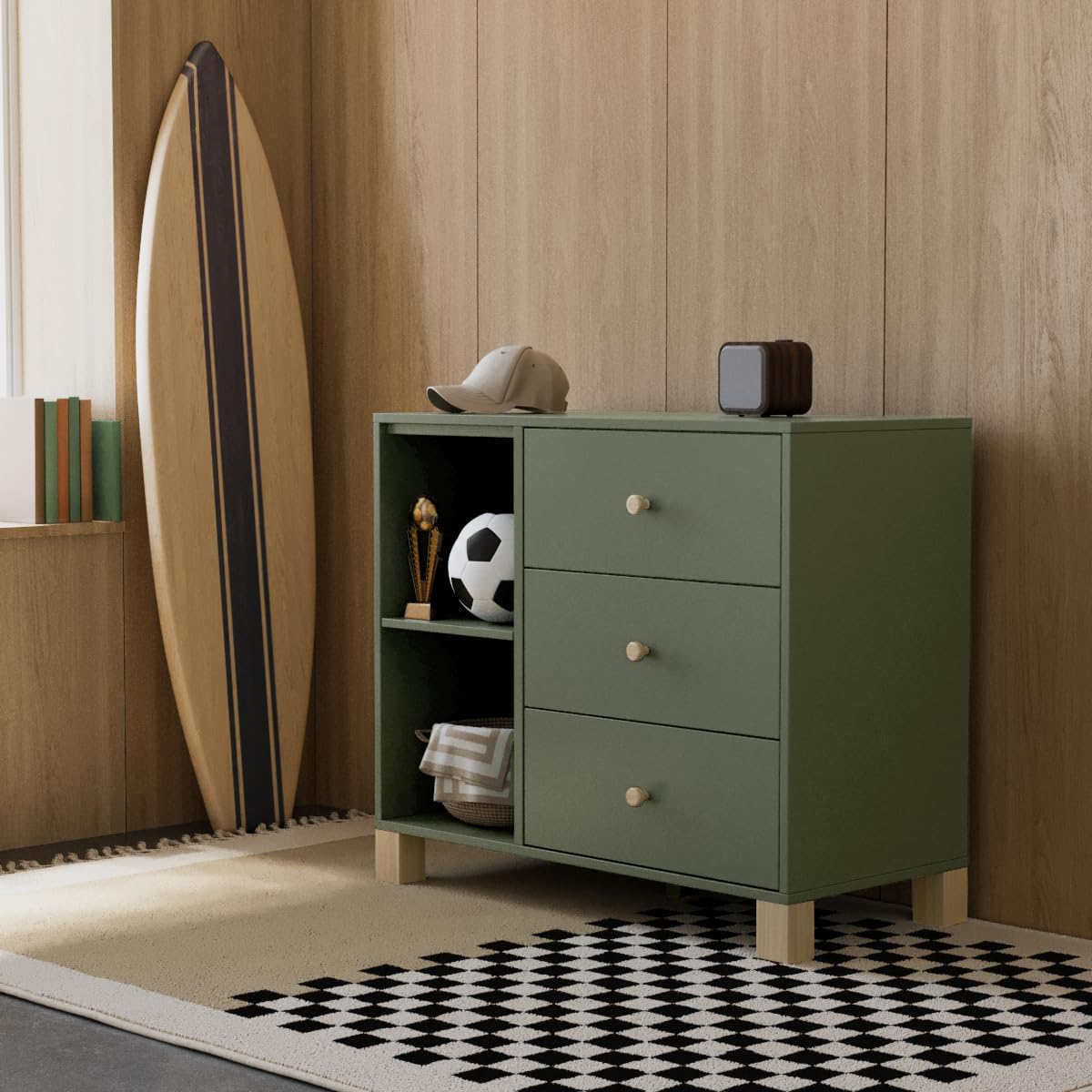 Storkcraft California 3 Drawer Combo Dresser (Olive with Driftwood) – GREENGUARD Gold Certified, Interlocking Drawer System, Pre-Installed Drawer Tracks for Easier Assembly, Spacious Cabinet