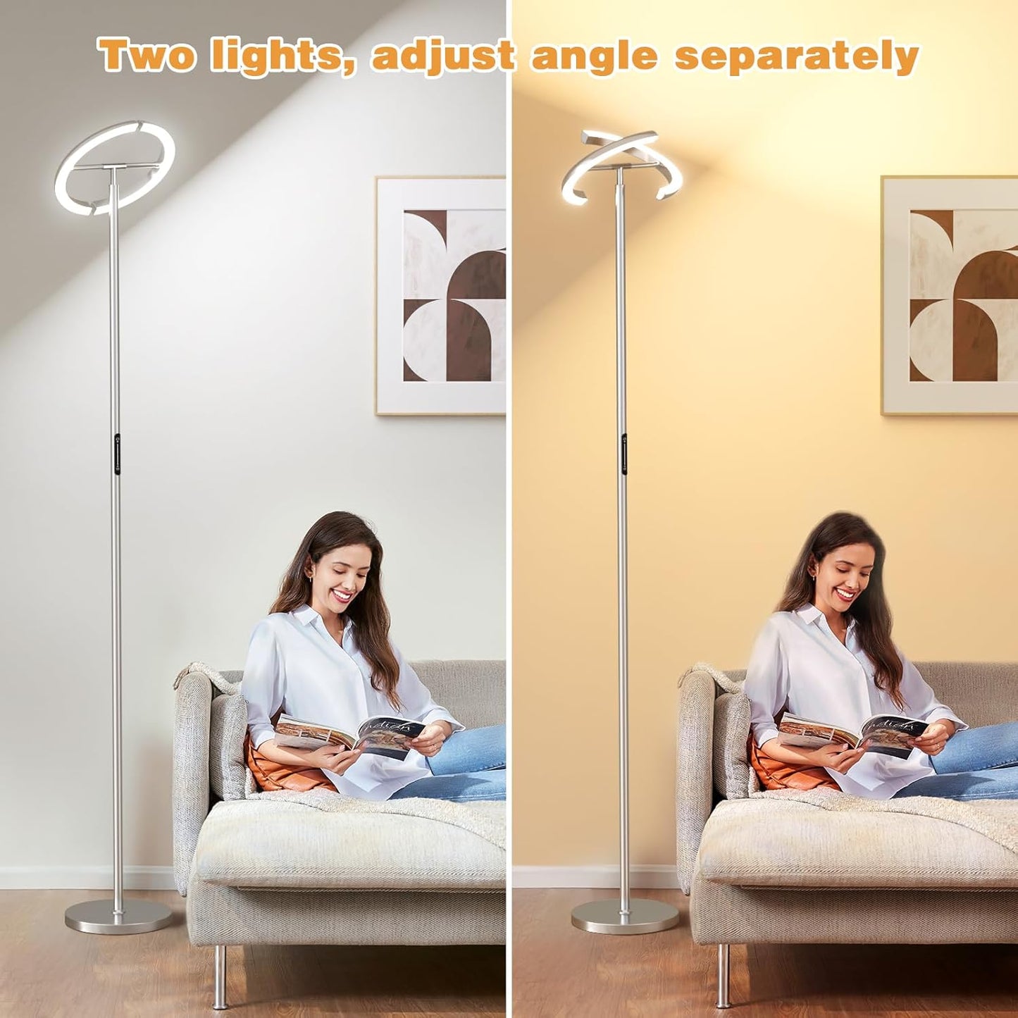 Floor Lamps for Living Room, 40W/2400LM LED Floor Lamp with Touch & Remote Control, 70" Tall Standing Lamp Stepless Dimmable, Modern Torchiere Corner Lamp for Bedroom, Office - Silver Grey
